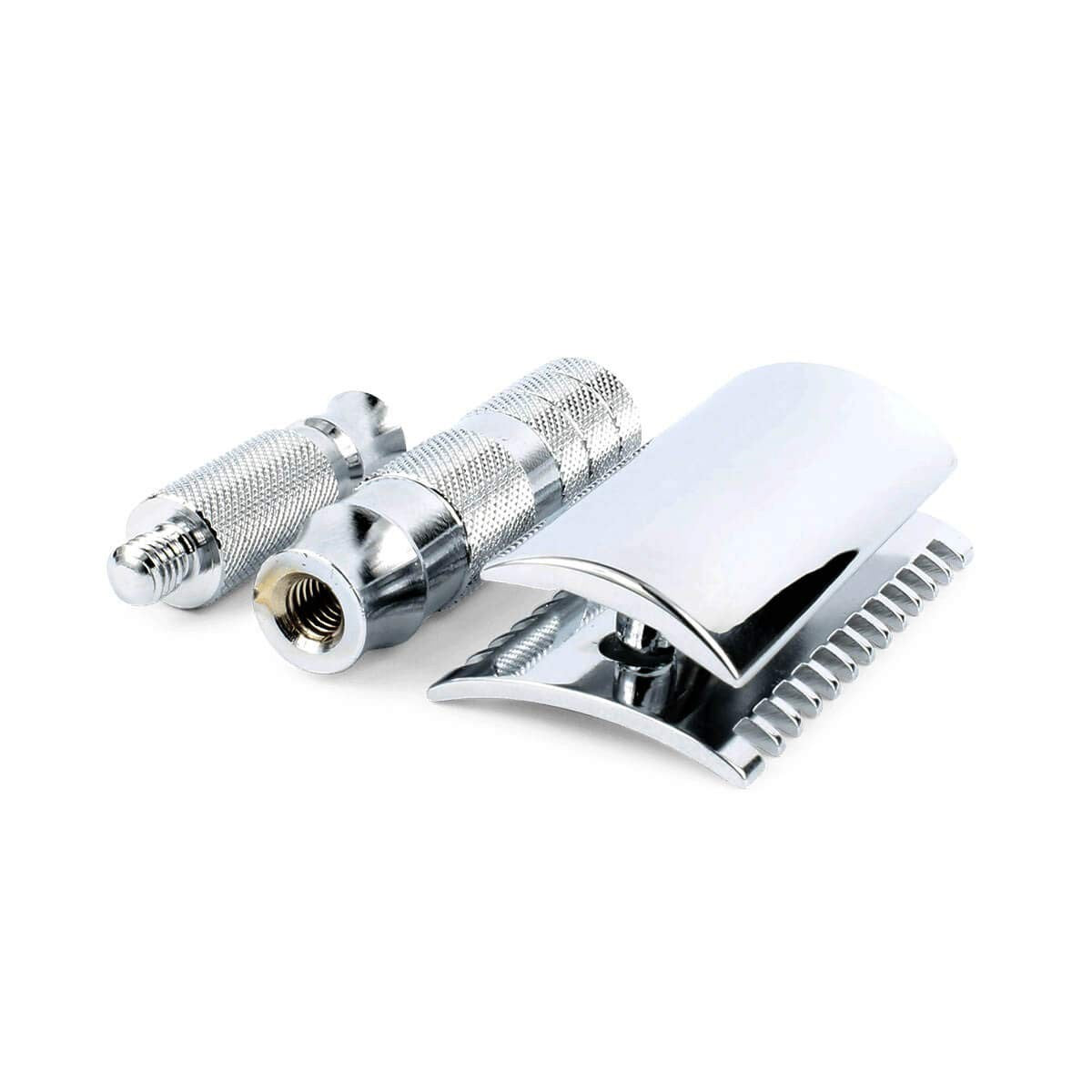 Merkur travel razor and chrome open tooth comb with leather case, compact grooming set for men.