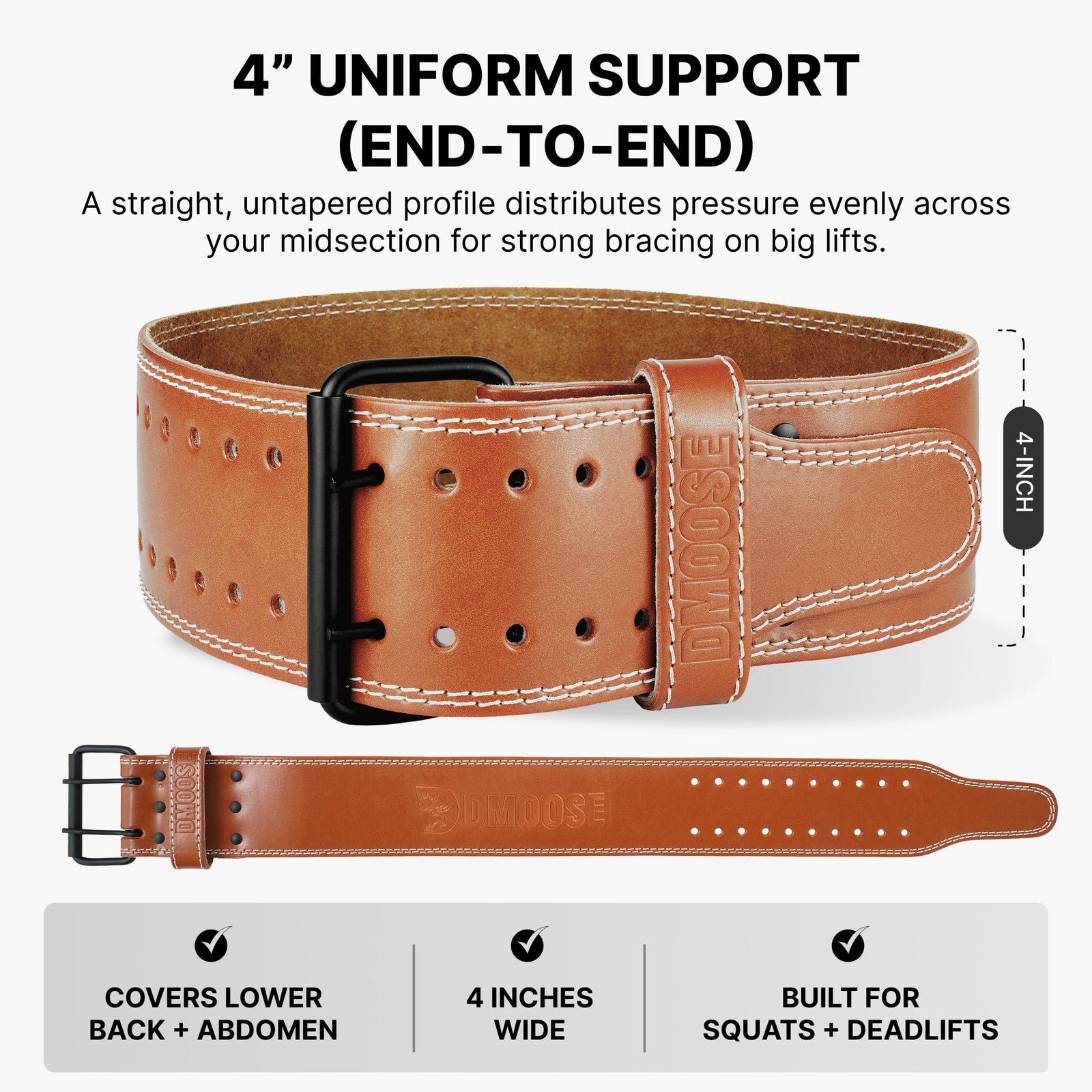 Genuine leather Dmoose Fitness weightlifting belt for men and women, showing the sturdy belt with adjustable buckle.