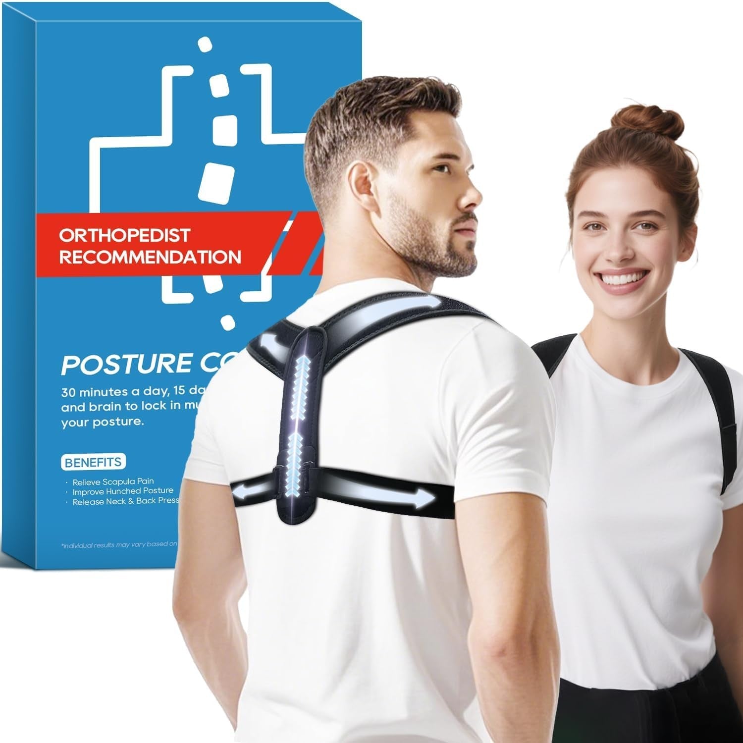 Duoorra posture corrector for women and men, adjustable back brace with straps and padding to improve posture and support the upper and mid back.