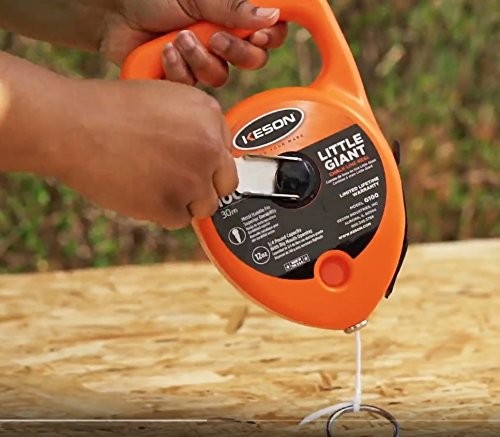 Keson G130 giant chalk line reel with 130ft length and 24oz chalk capacity, featuring a sturdy handle and durable metal case.