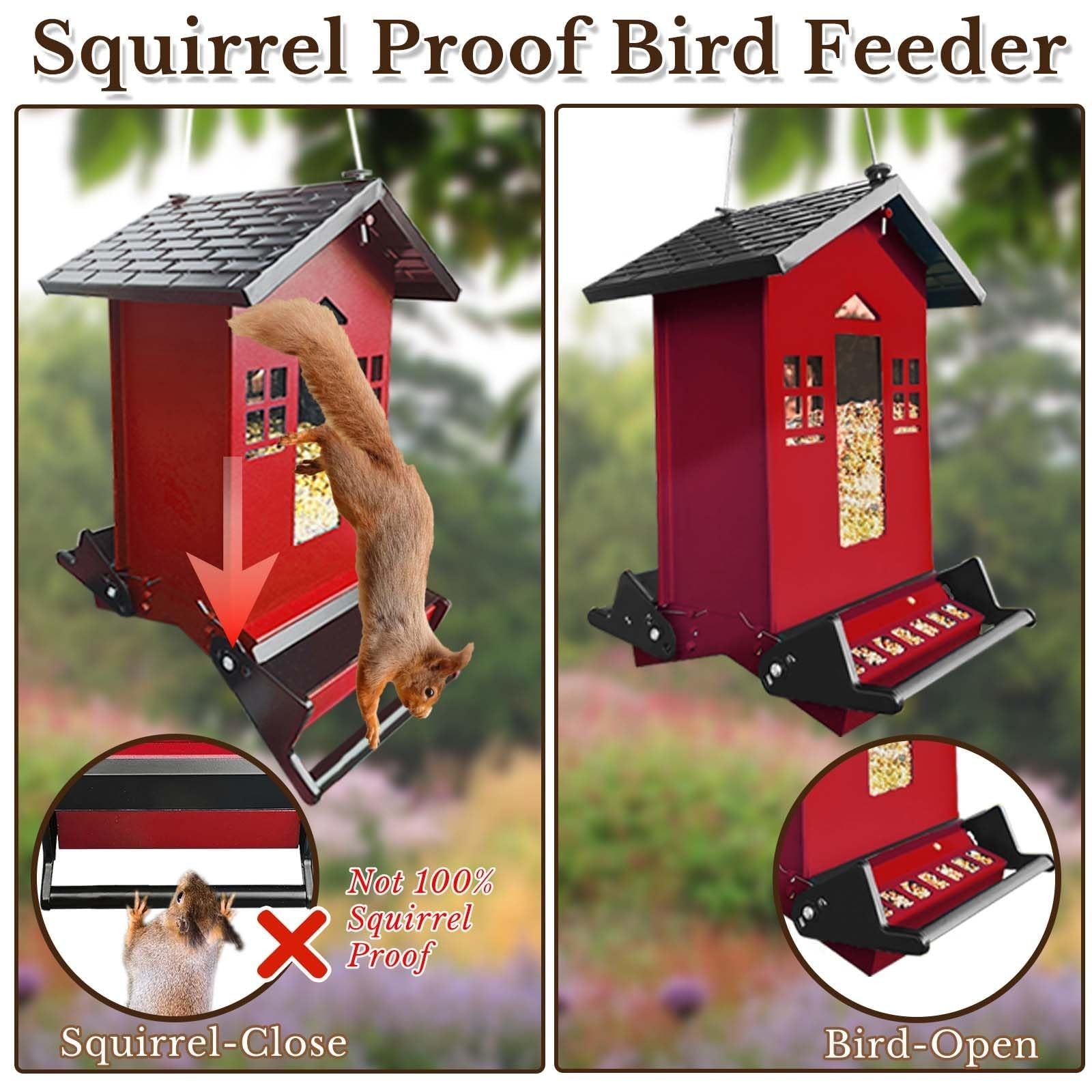 Red metal Yltimer bird feeder hanging outdoors, squirrel-proof design, holds 6 lbs of birdseed, ideal for attracting various birds