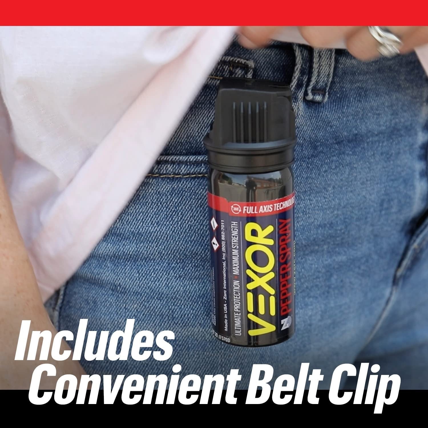 Zarc Vexor pepper spray with belt clip for self-defense, shown in a 3-pack, designed for personal safety and security.