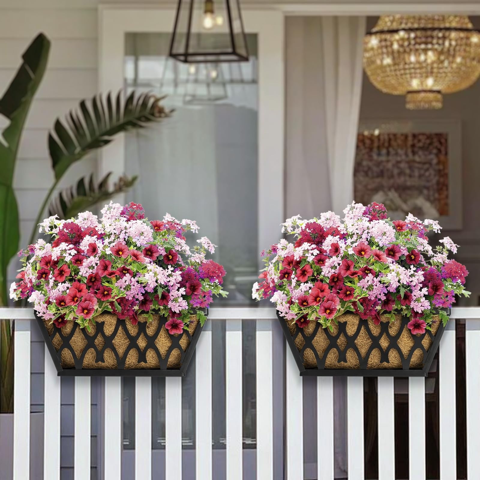 Karlliu 4-pack 14-inch outdoor window and railing planter boxes with coco liners, hanging garden containers.