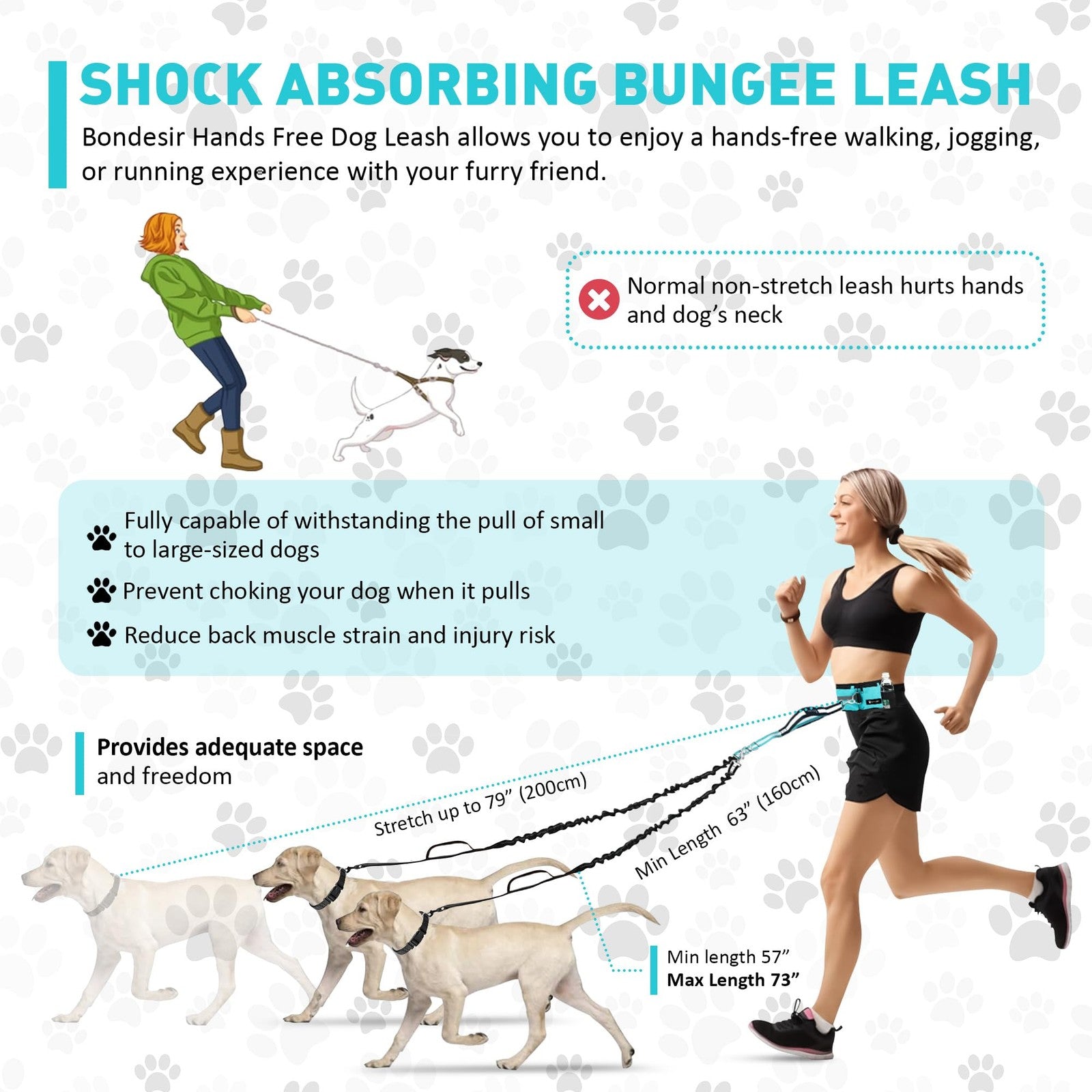 BONDESIR waist leash for double dog walking, shock-absorbing harness for small, medium, and large dogs, shown in use.