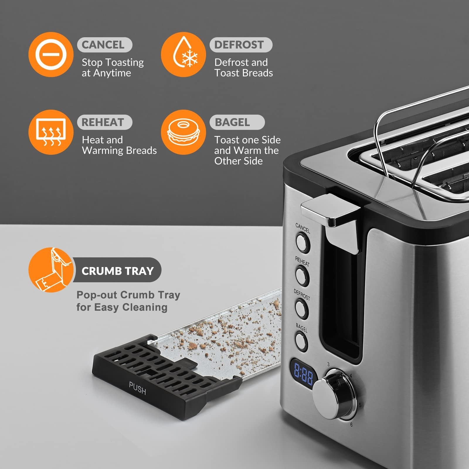 Mecity 2-slice stainless steel toaster with timer, bagel, defrost, reheat, and cancel functions, shown on a kitchen countertop.