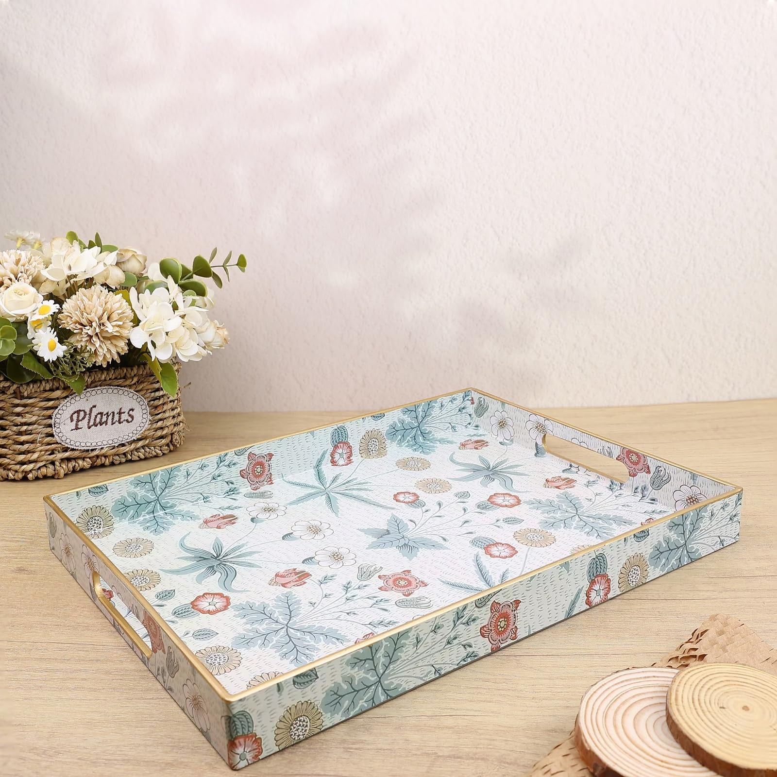 Leemxiiny rectangle serving tray with handles, ideal for coffee tables and ottomans, featuring a sleek wooden design.