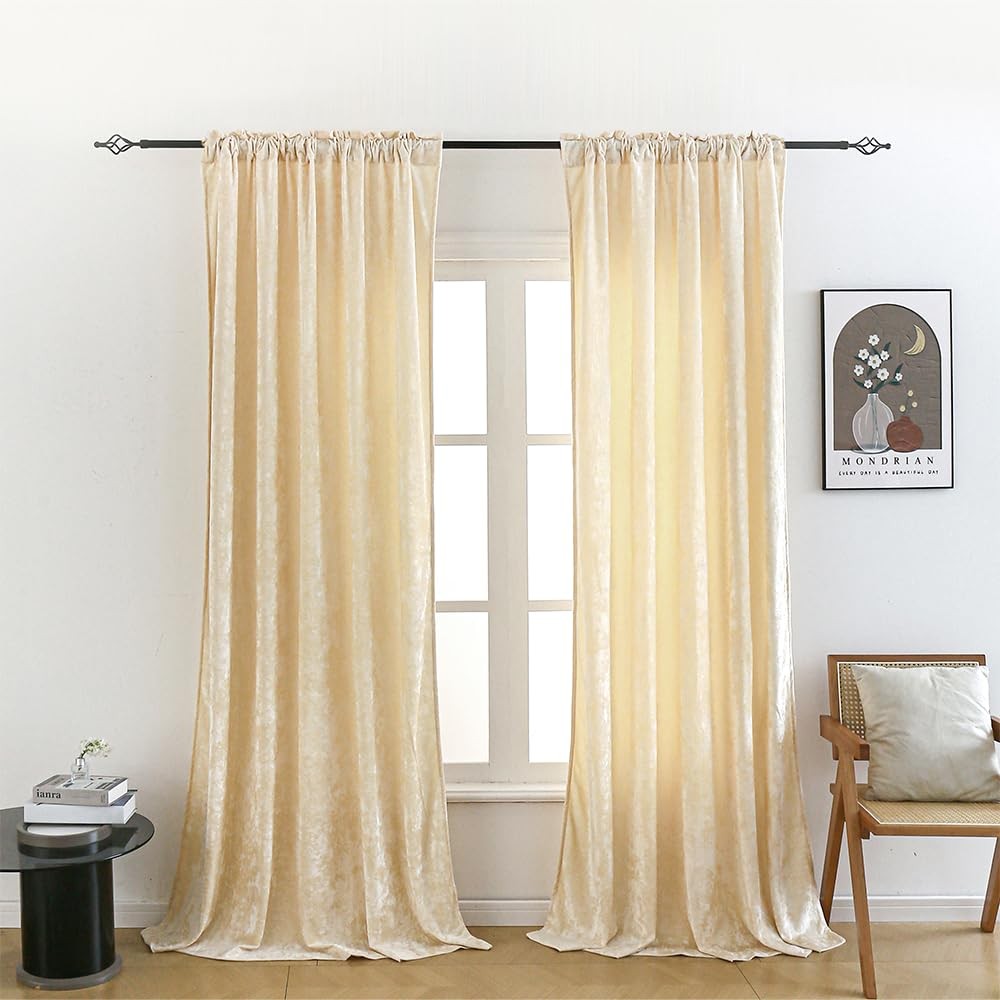 Liians black velvet blackout curtains for bedroom or nursery, beige, 52x84 inches, suitable for patio doors.