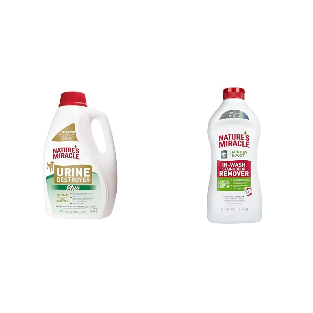 Nature's Miracle Dog Urine Destroyer Plus enzymatic formula laundry boost bottle for removing pet urine stains and odors.
