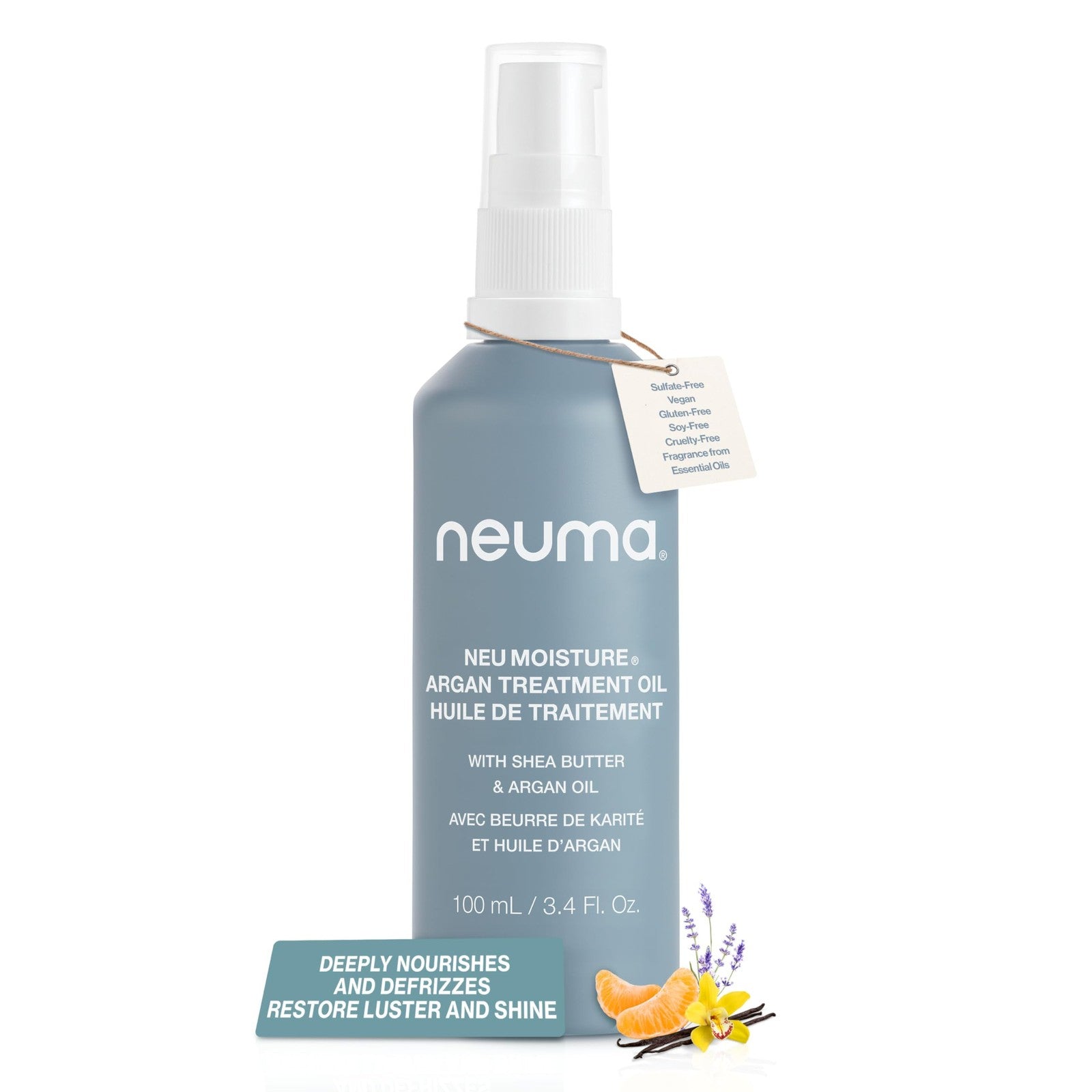 Neuma Neu Moisture Argan Treatment Oil bottle with dropper, designed for nourishing hair with argan oil.