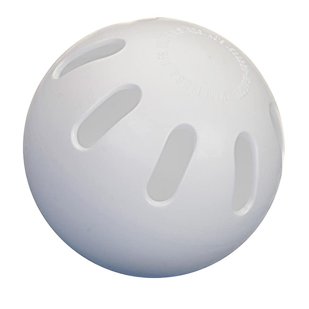 Set of six WIFFLE 12-inch softball-sized wiffle balls displayed on a countertop in a promotional 6-pack.