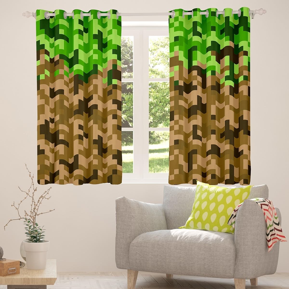 Castle Fairy miners style square grid window curtain in brown and green army camo pattern for kids' room decor.