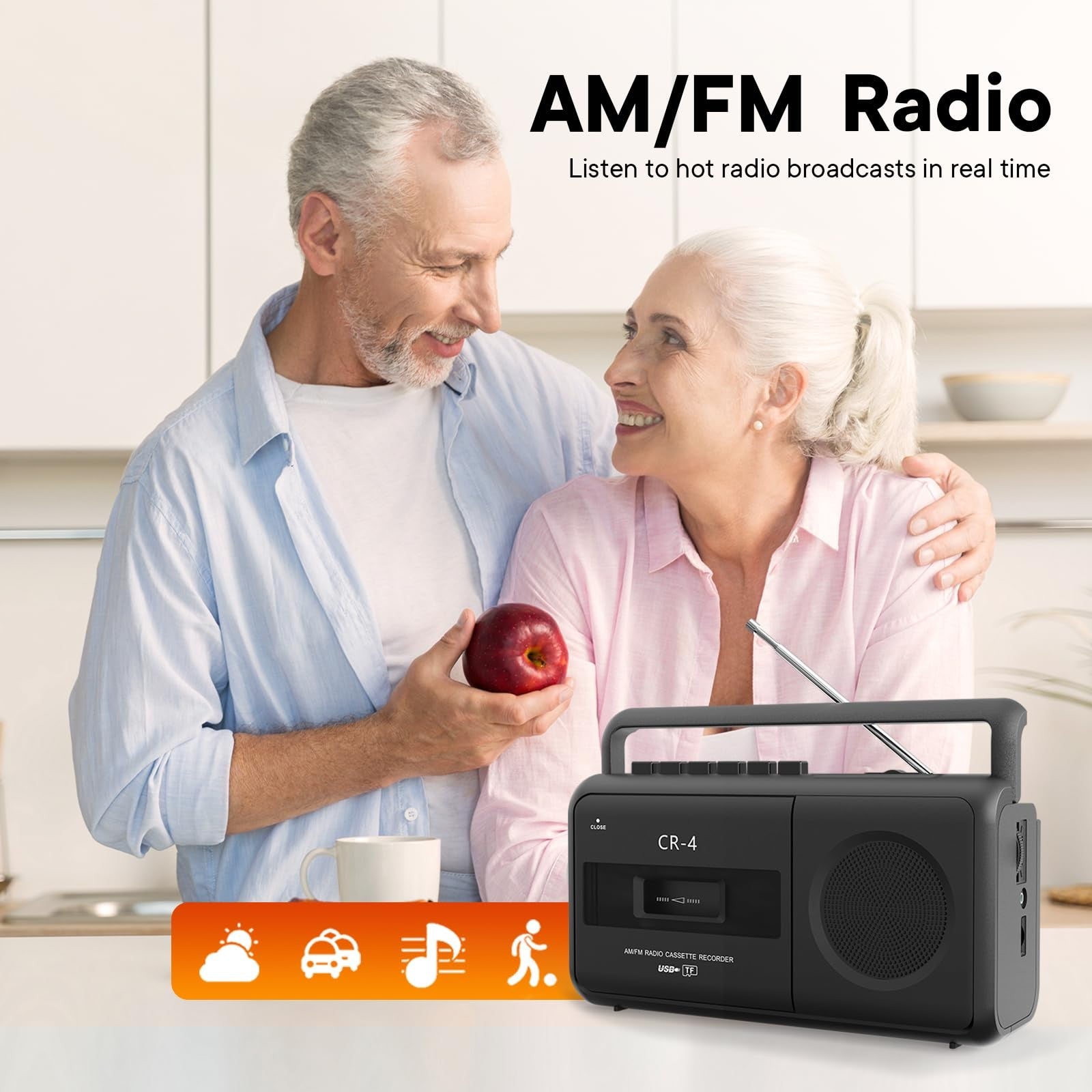 KUEPHOM portable cassette tape player recorder boombox with AM/FM radio, compact design, and built-in speakers