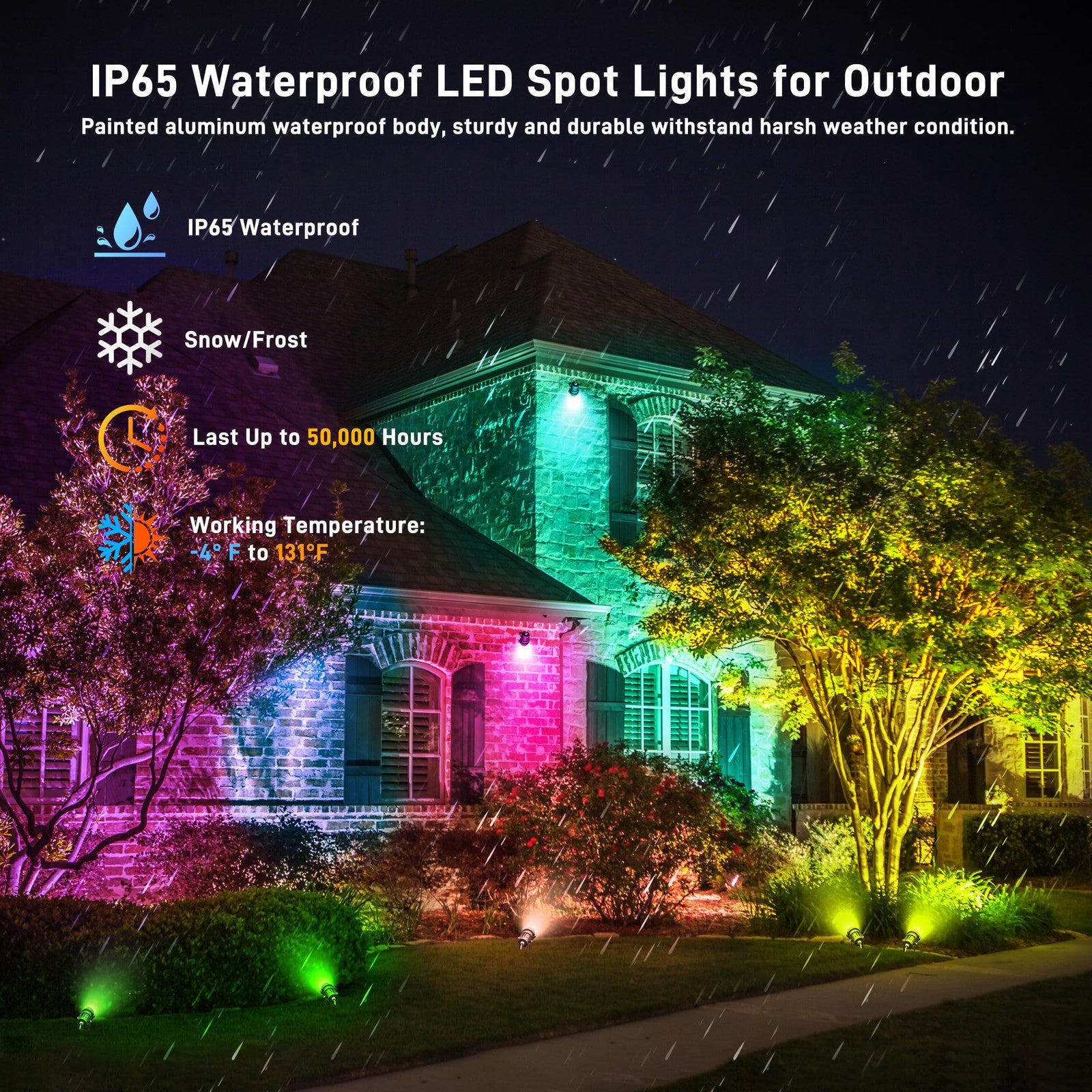UPONELED 12W RGBW outdoor Christmas landscape spotlights illuminating yard with vibrant colored lighting for festive outdoor decor