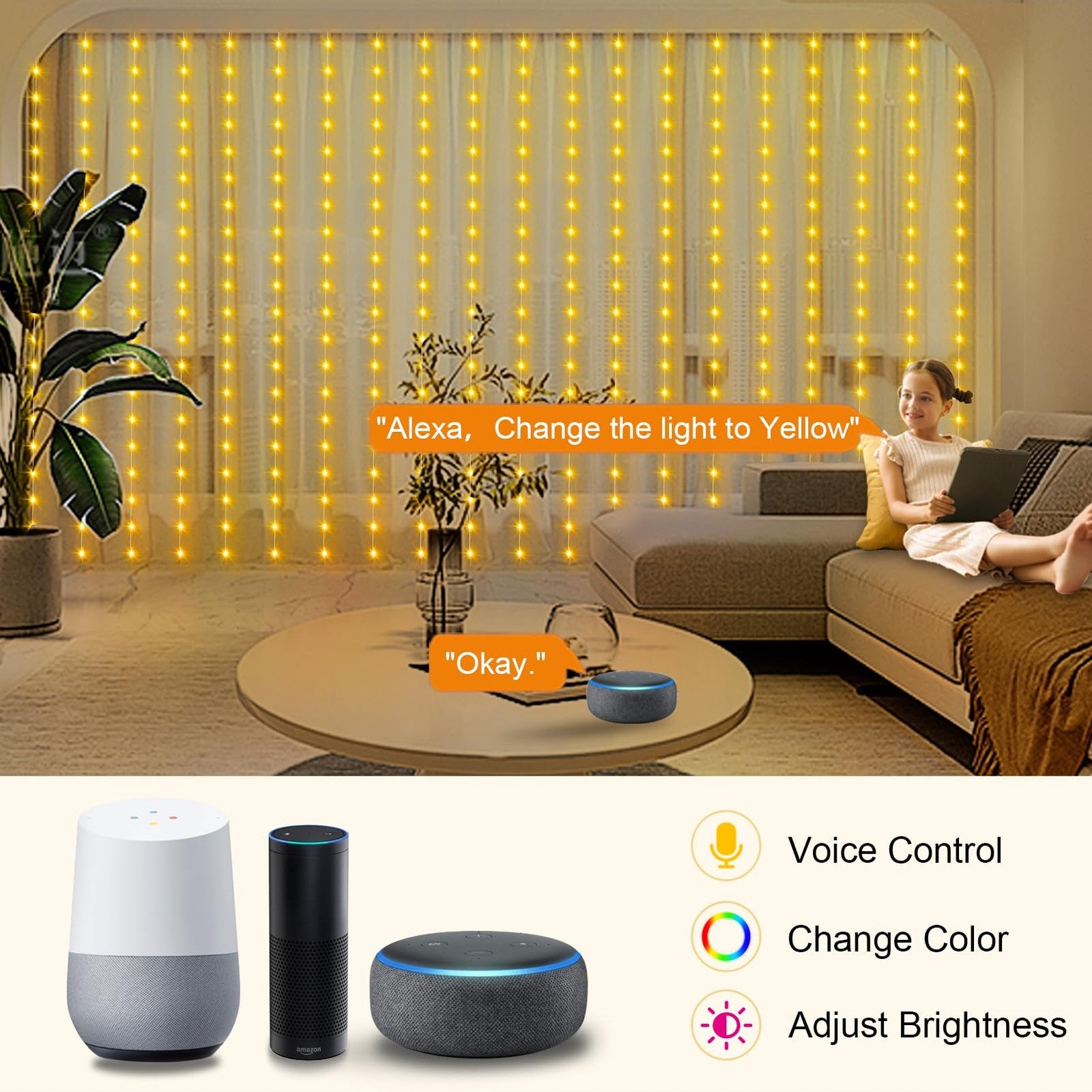 ZAIYW WiFi Smart RGB LED curtain lights displaying colorful light patterns, 600 LEDs, compatible with smart home devices