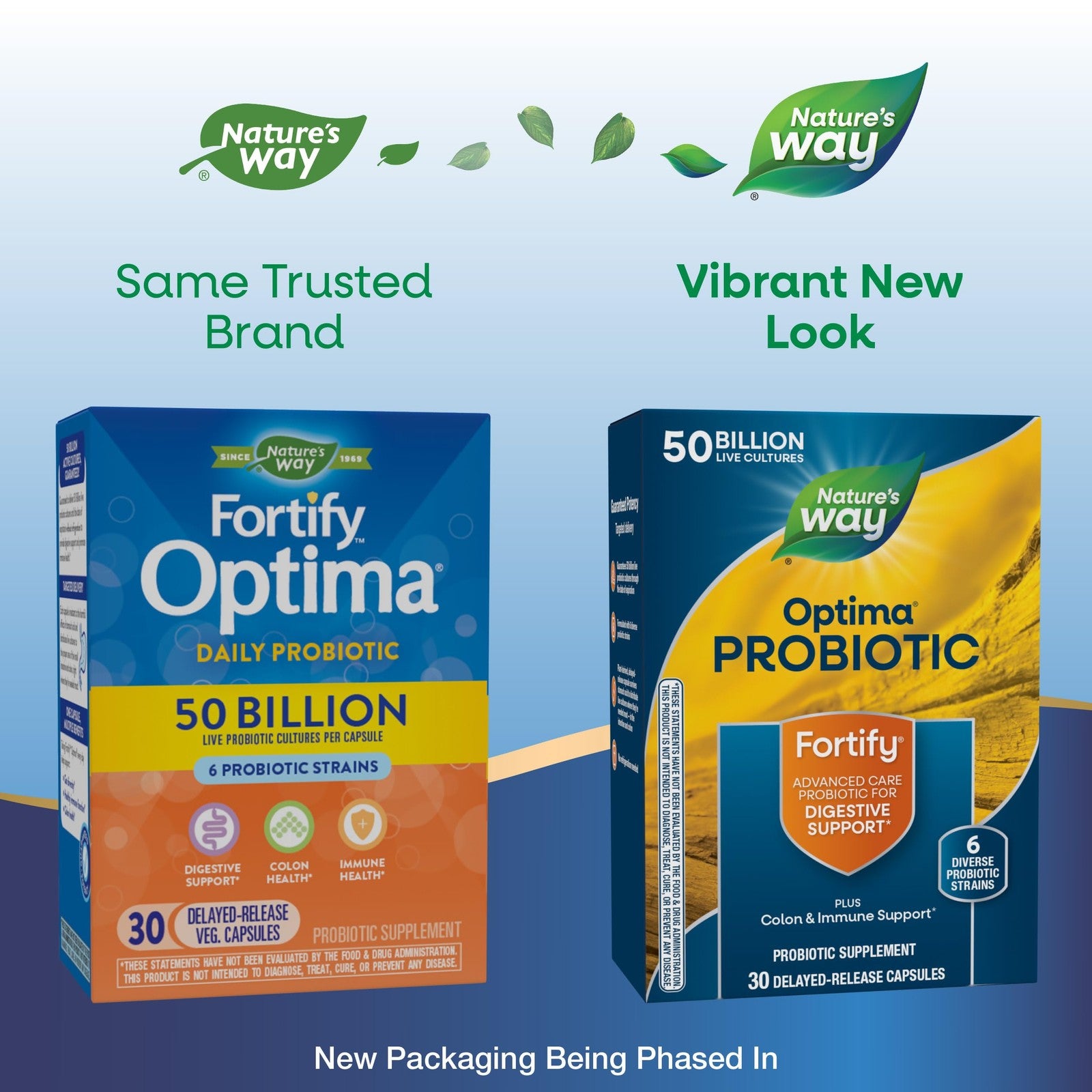 Bottle of Nature's Way Fortify Optima probiotic supplement for men and women, featuring 50 billion live cultures and probiotic capsules.