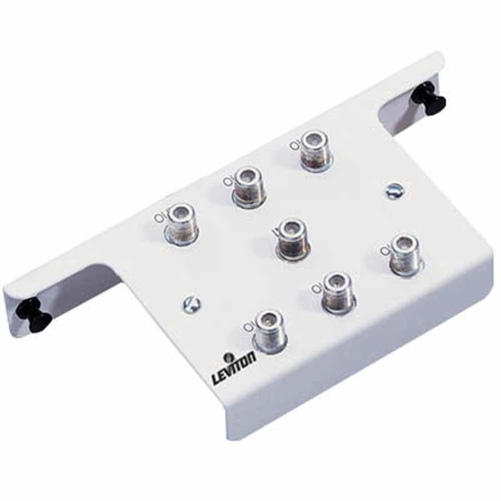 Leviton 1x6 2GHz passive video splitter in white, showing ports and connections for distributing video signals.