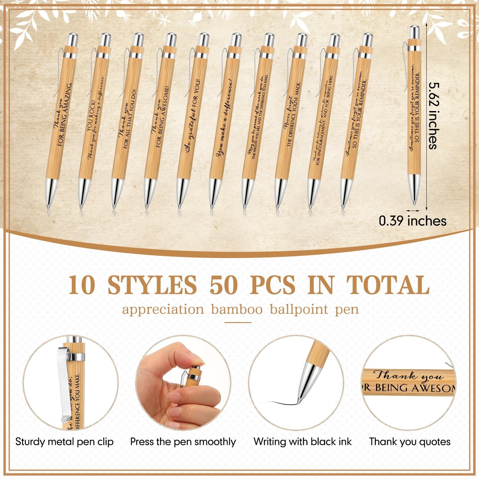 ReliThick bamboo ballpoint pens in bulk, 50 sets of employee appreciation gifts, featuring inspirational design and eco-friendly material.