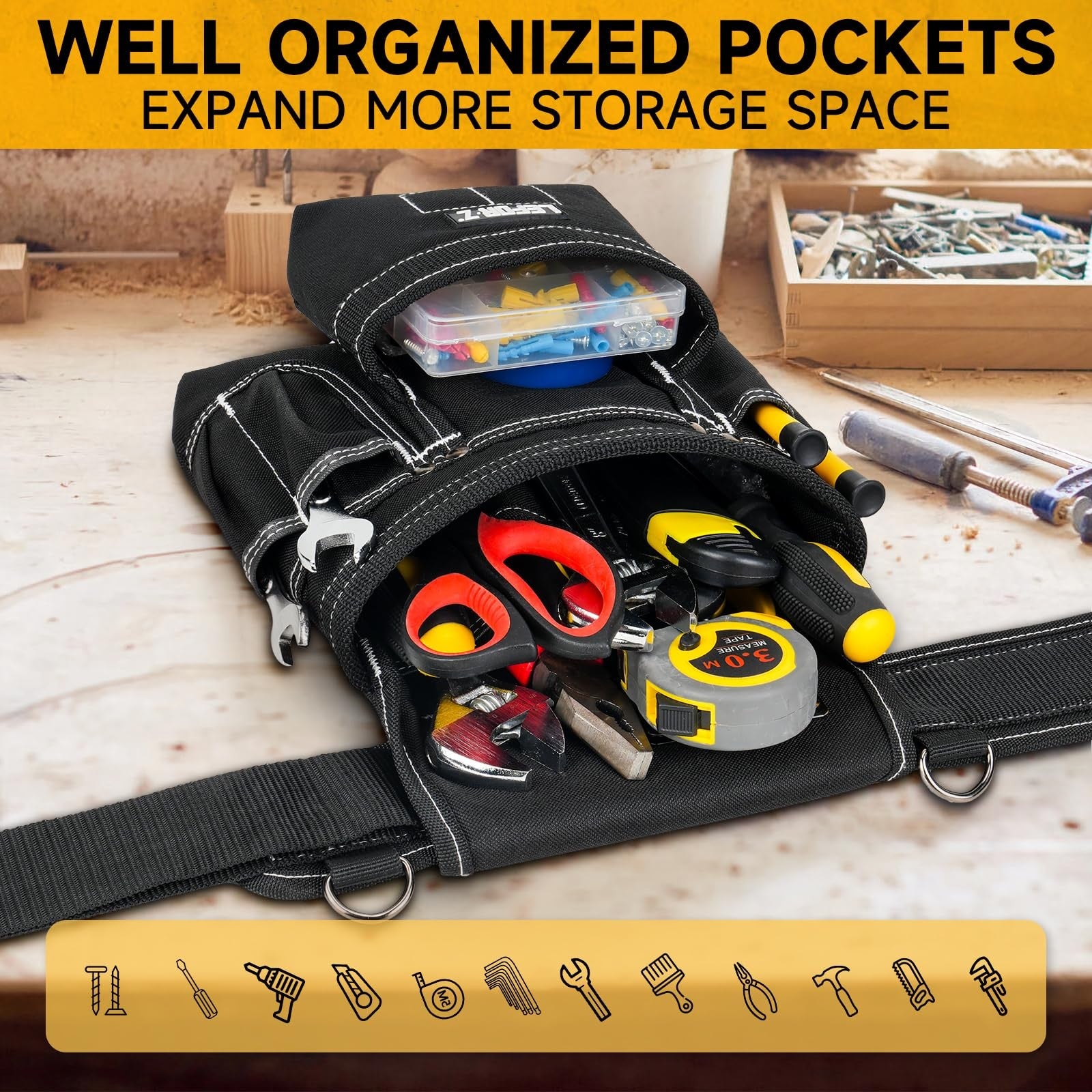 Heavy-duty LEFOR·Z tool belt with suspenders and 27 pockets, featuring magnetic tool holders for men.
