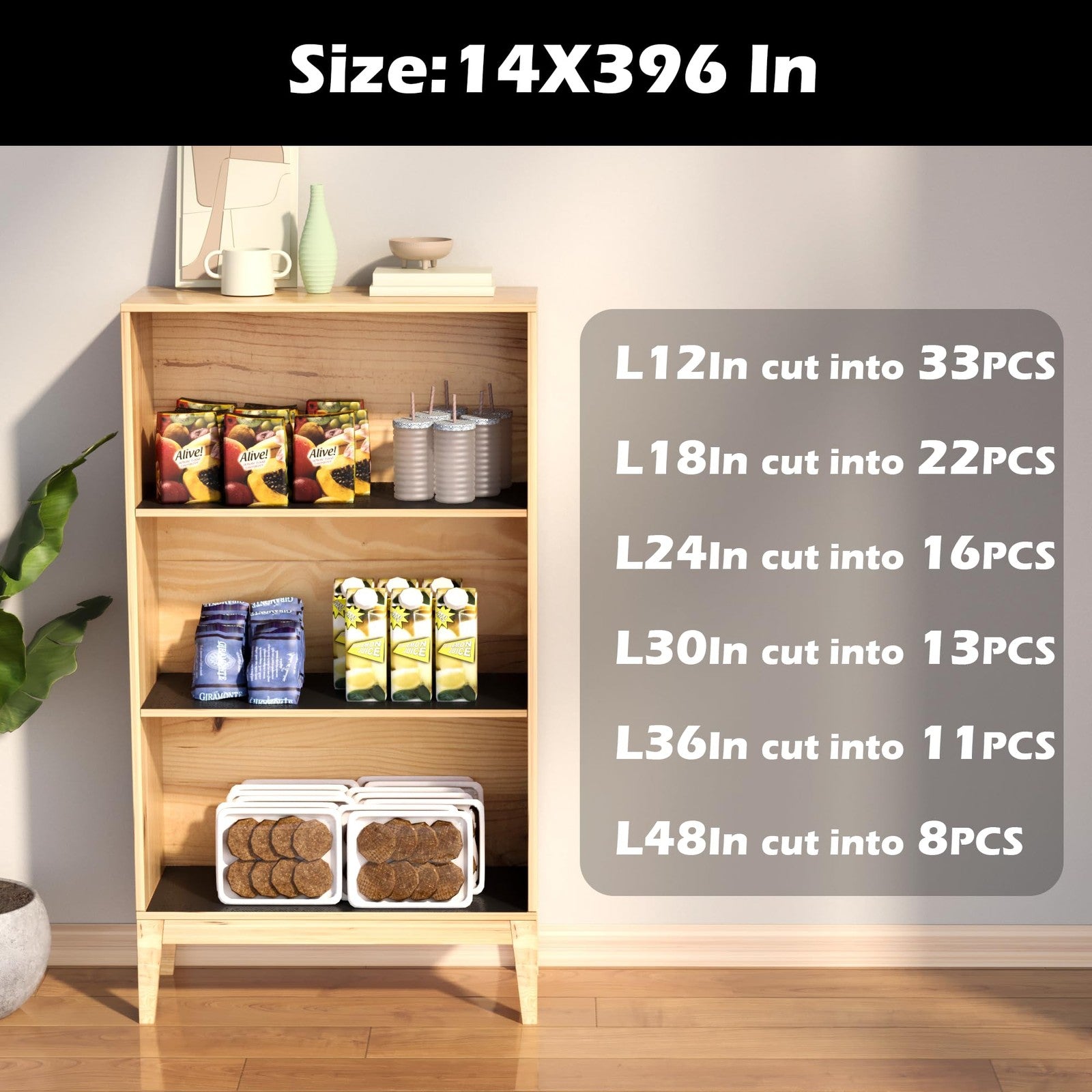 Janeart 14-inch black waterproof plastic wire shelf liner mat for pantry or garage storage, measuring 14x396 inches, durable and flexible.