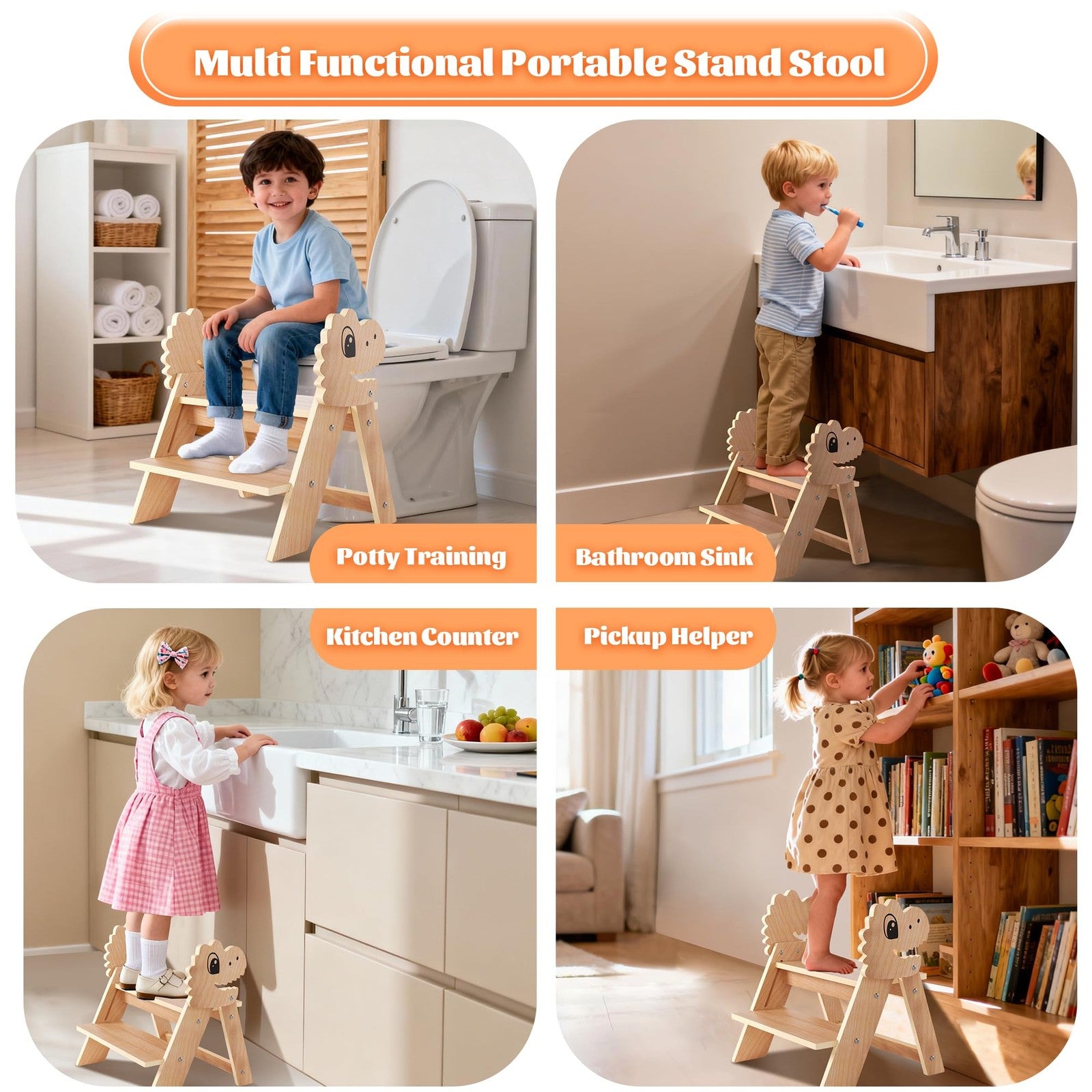 Novarieth beech wooden toddler 2-step foldable stool for kids, featuring sturdy design and compact storage.