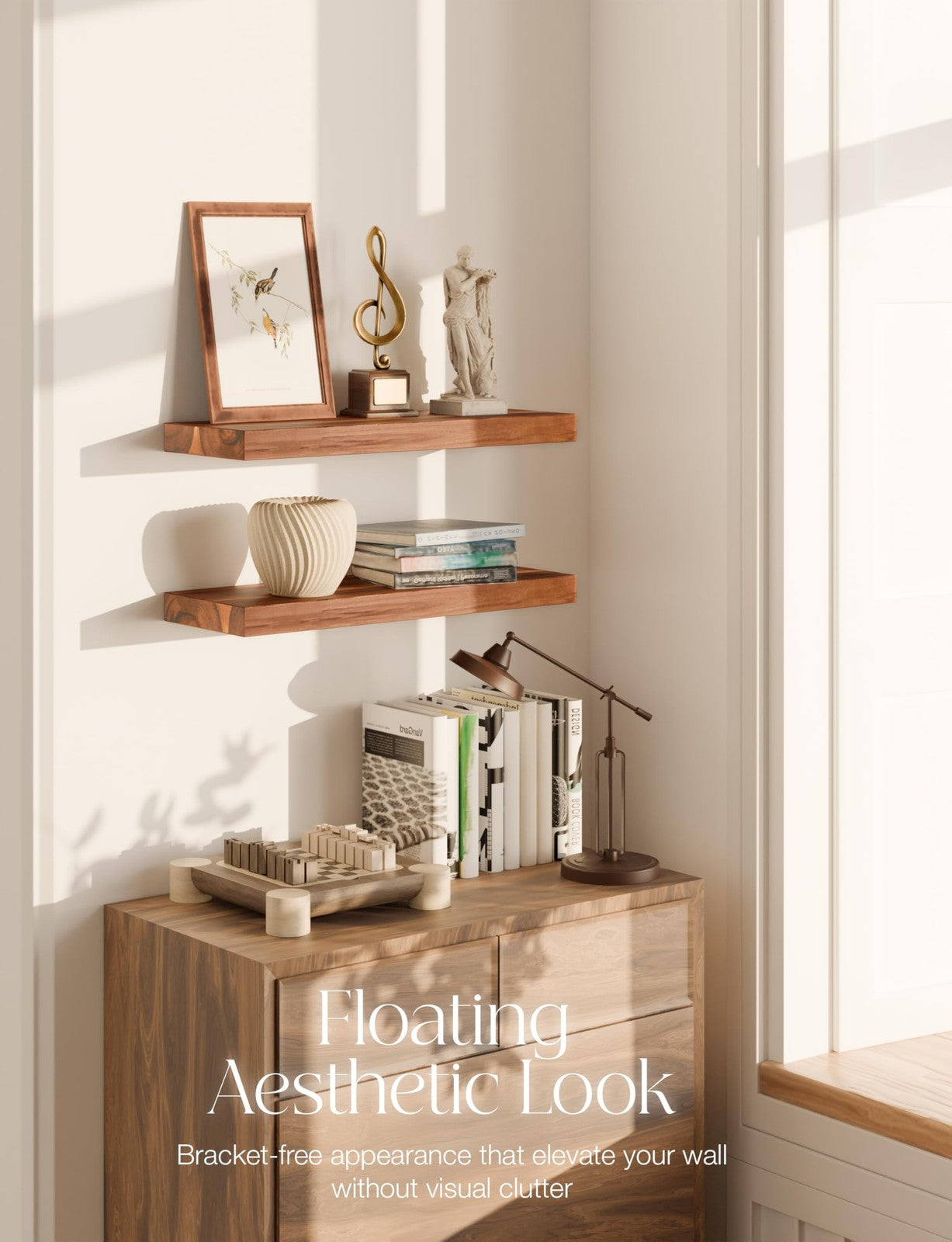Set of 2 Batoda rustic farmhouse acacia wood floating shelves mounted on a wall, showcasing natural wood grain and wall brackets.