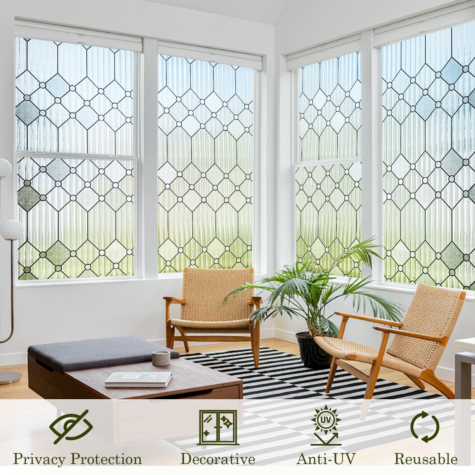 SUNBABY reed glass window privacy film with frosted decorative design, suitable for bathroom windows.