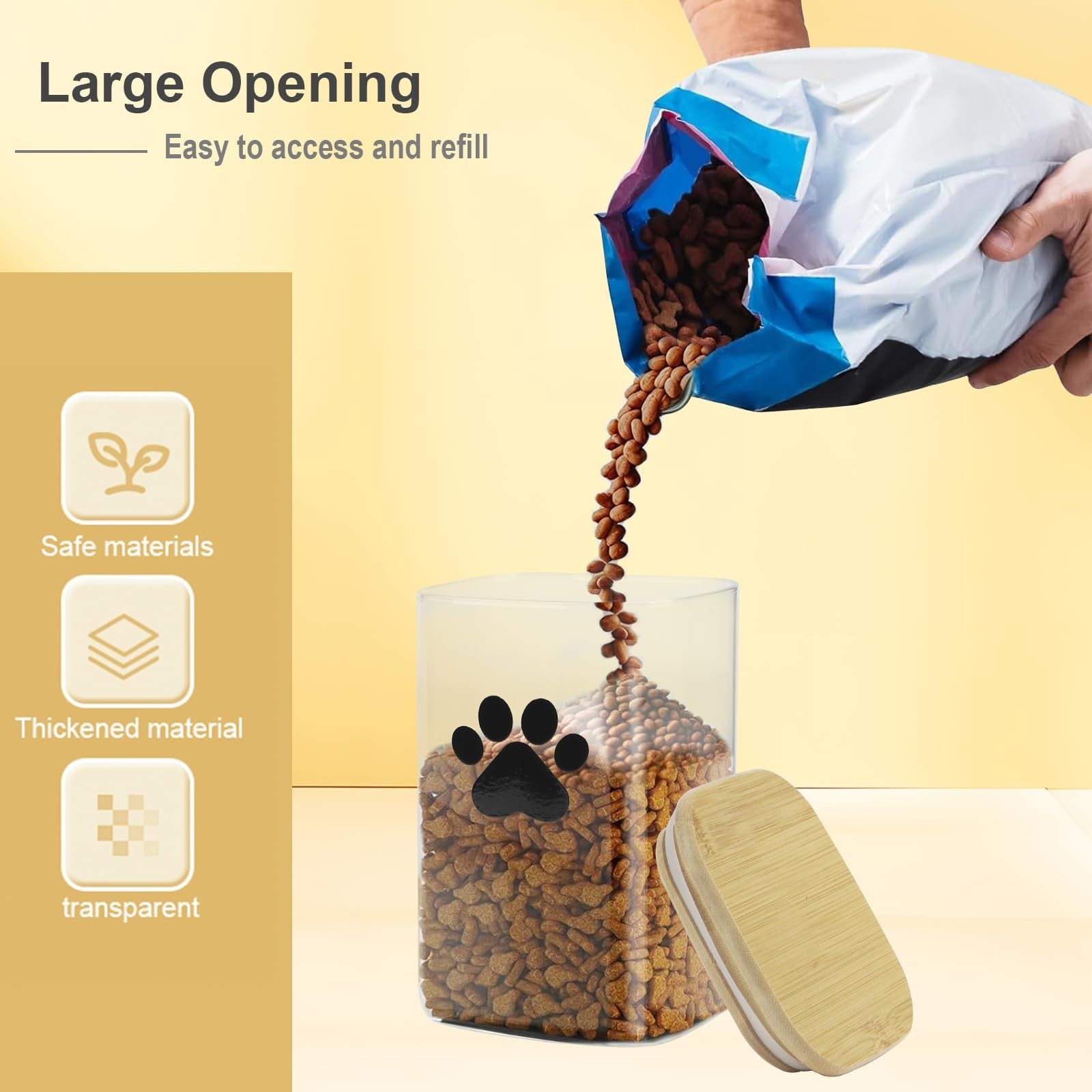 Set of three clear glass dog treat jars with bamboo lids by Brabtod, each holding 37oz of dog treats in a modern, transparent design.
