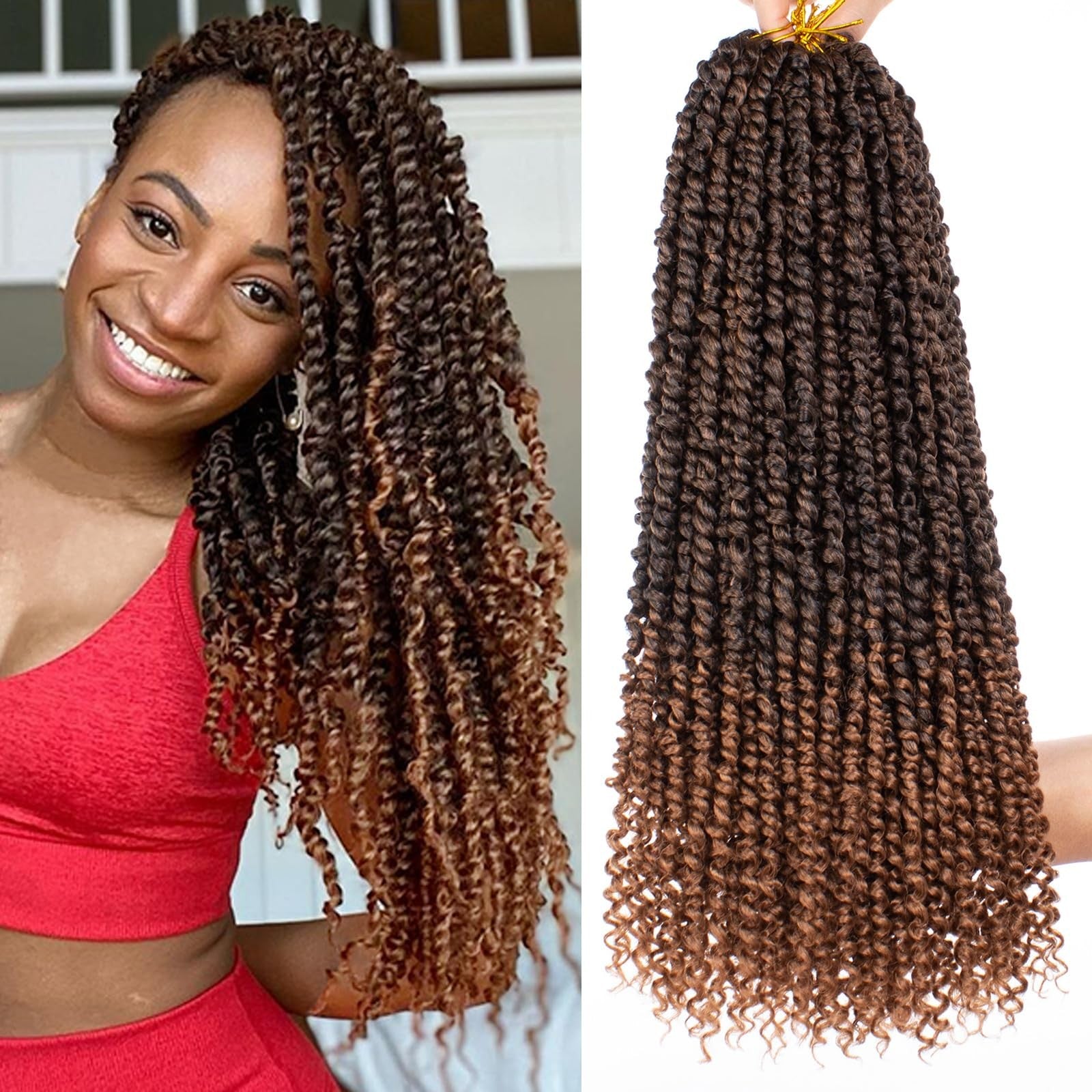 Leeven 8-pack passion twist crochet hair with curly ends, 18-inch long bohemian-style hair extensions displayed in the image.