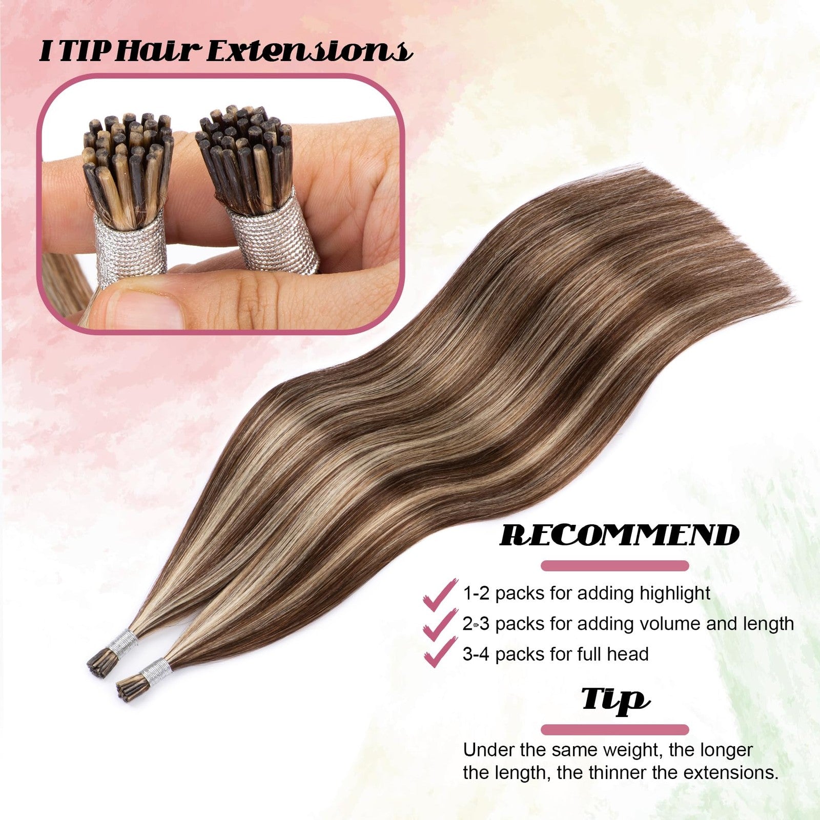 Blonde highlighted KPVXXVE Hair I Tip Extensions with brown human hair, showcasing the seamless I tip application and natural color blend.
