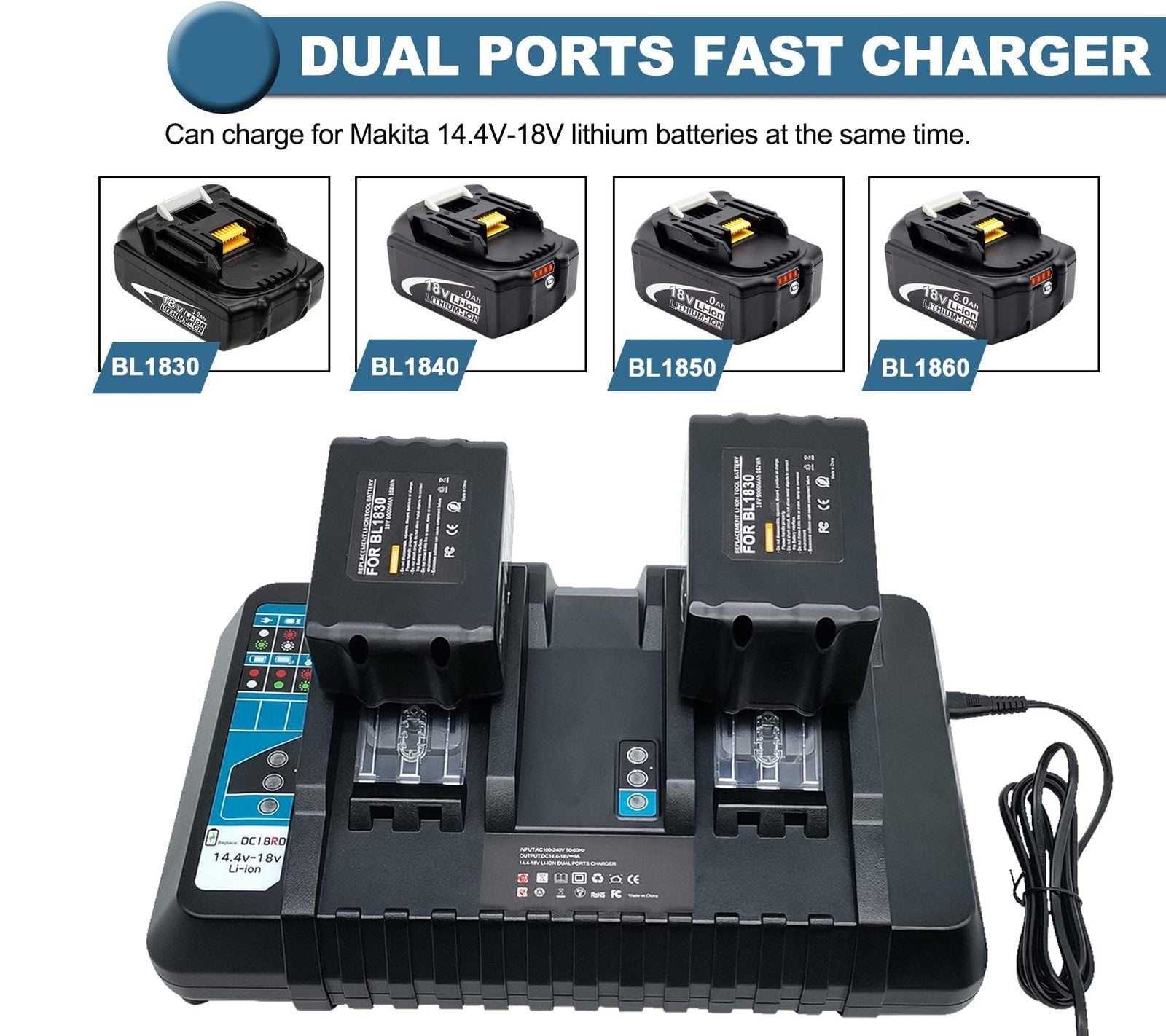TURPOW upgraded 8.0Ah replacement battery for Makita 18V power tools with double rapid charger, shown in image.