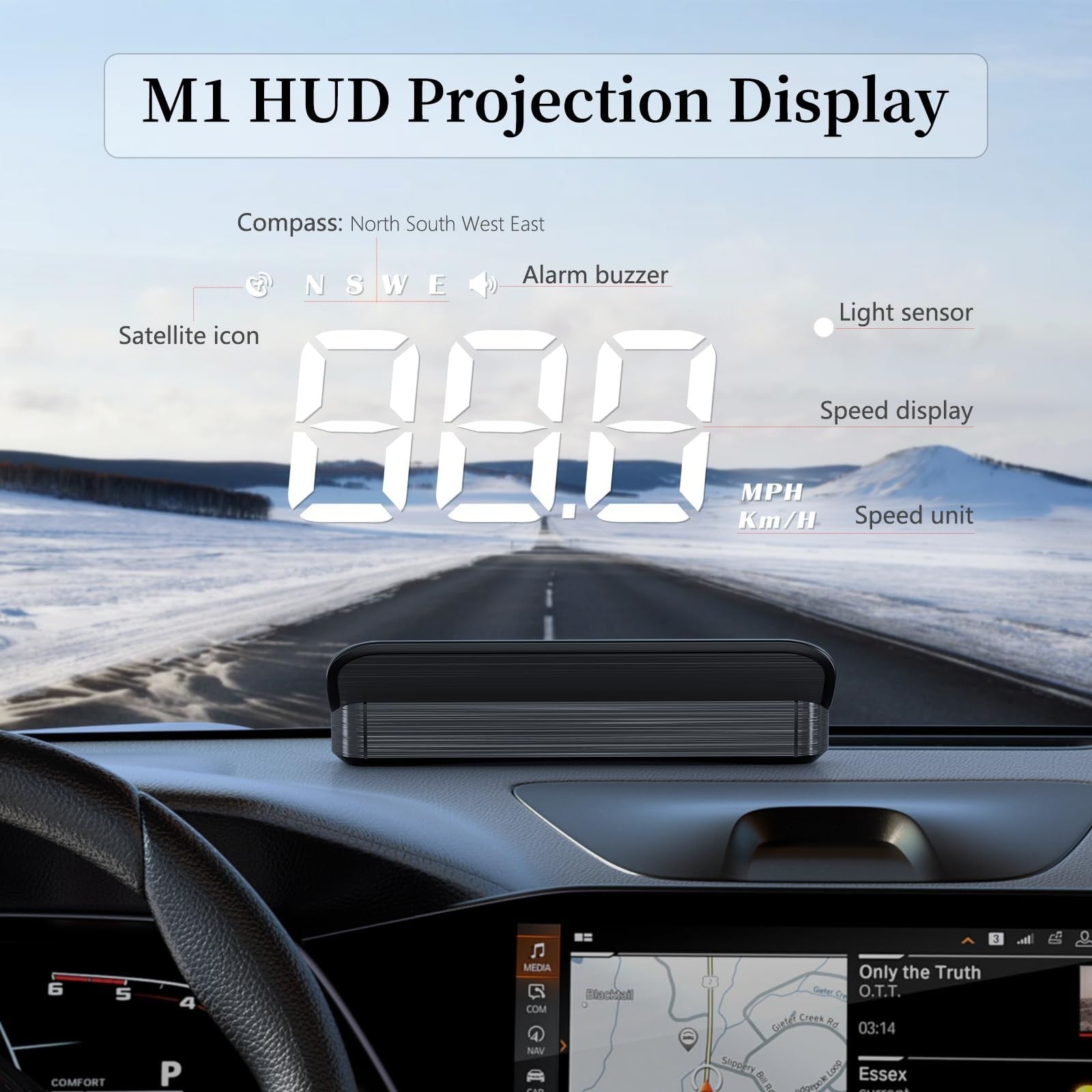 AZIJYV Heads Up Display for cars showing speed and navigation info projected on windshield in white.