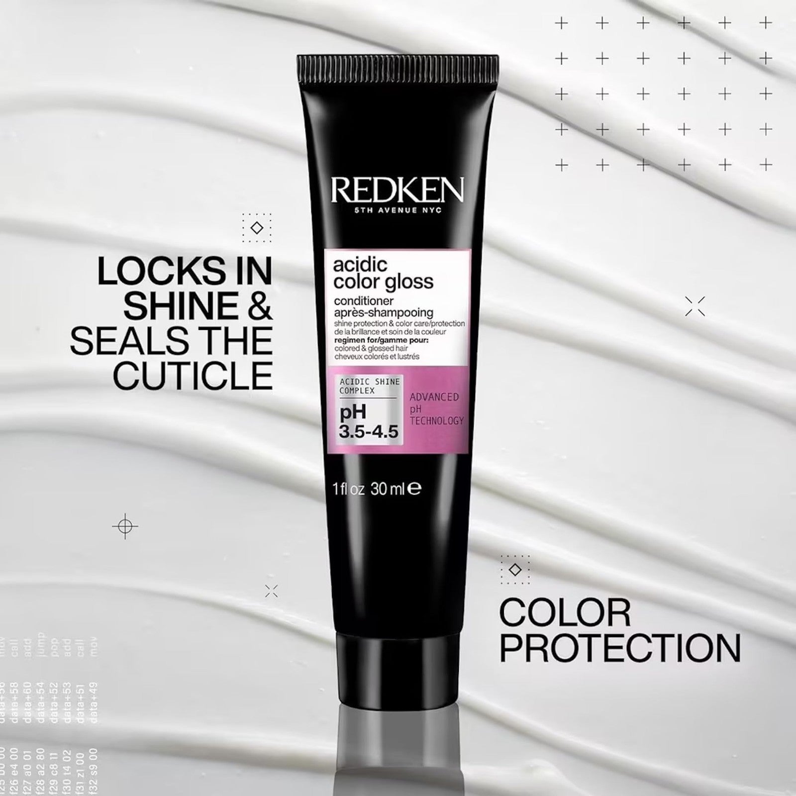 Redken Acidic Color Gloss Shine mini kit with sulfate-free shampoo, conditioner, and treatment bottles on a bathroom shelf.
