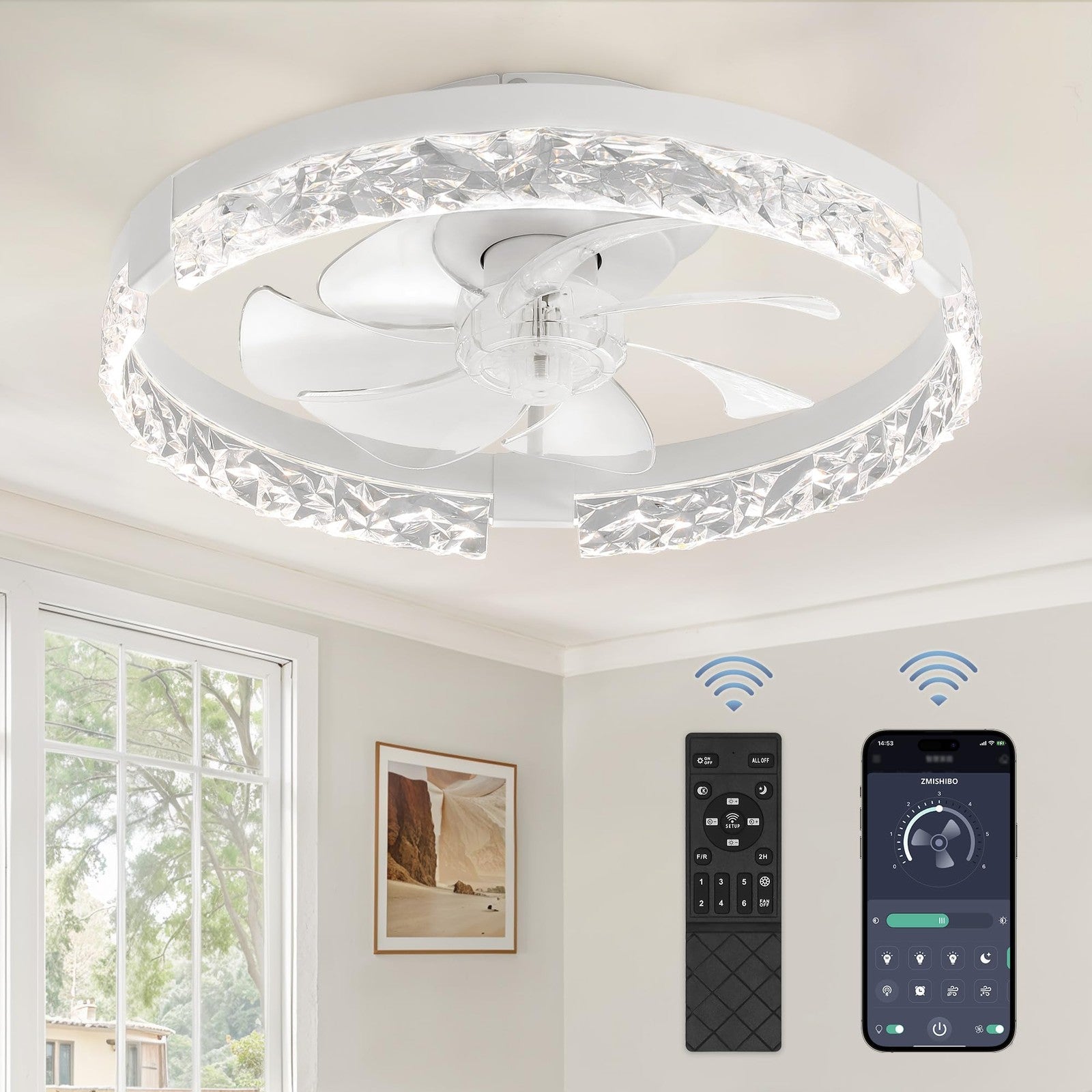ZMISHIBO 18-inch ceiling fan with lights and remote, flush mount design, featuring modern style and integrated lighting for indoor use