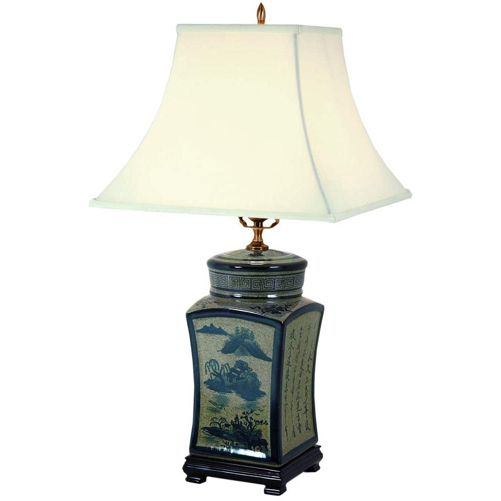 Red Lantern porcelain lamp featuring blue and white Chinese calligraphy and a 25-inch red lantern design.