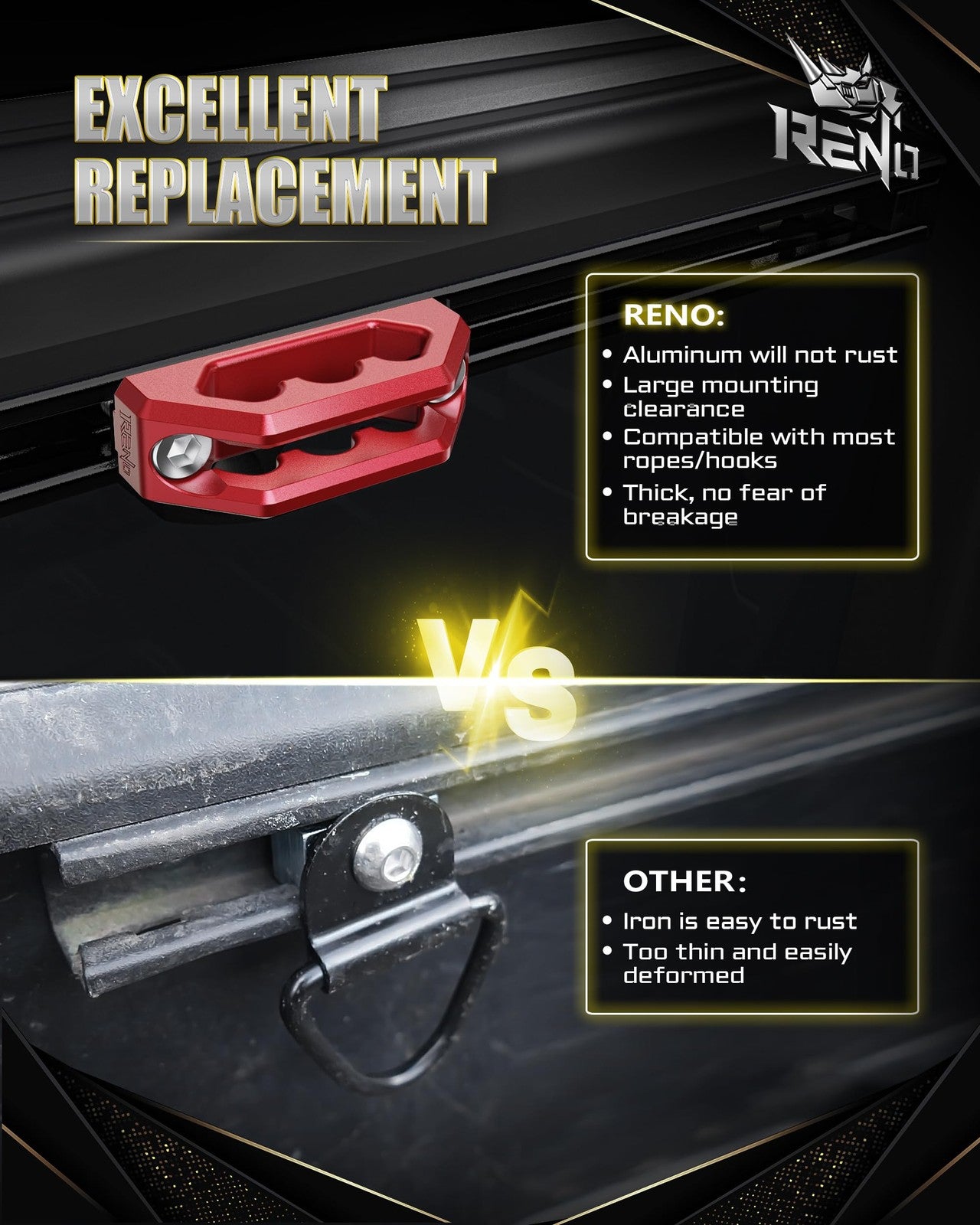 RENO bed rail cleats and tie-down anchors for cargo trailer, Tacoma, Tundra, and Gladiator trucks, shown installed on truck bed side.