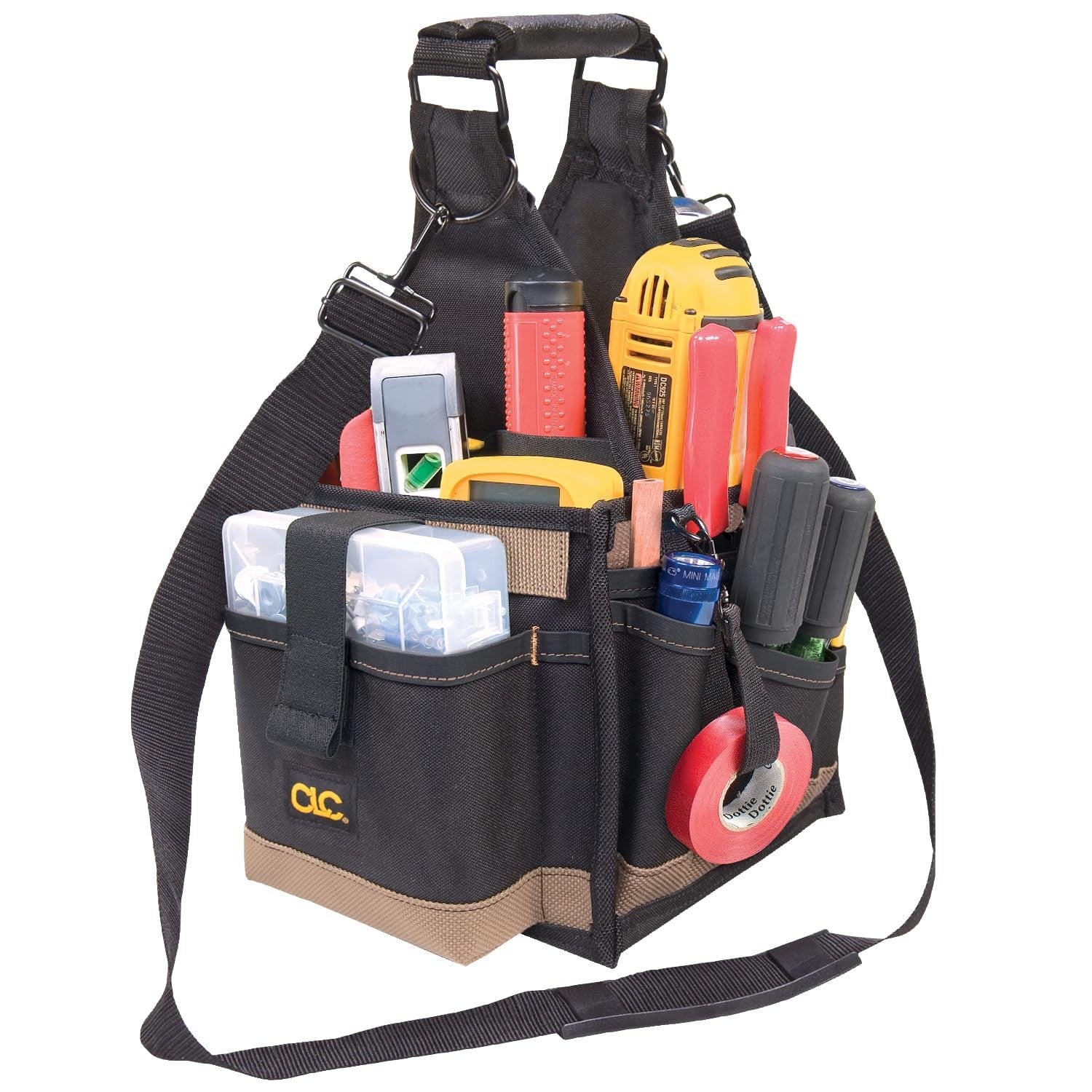 Custom Leathercraft 1526 electrical maintenance tool carrier with 25 pockets and durable leather construction.