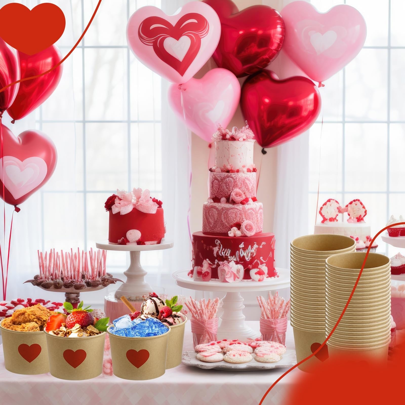 Hsei 60-pack 16oz Valentine's Day disposable soup bowls and ice cream cups with heart design for snacks and desserts