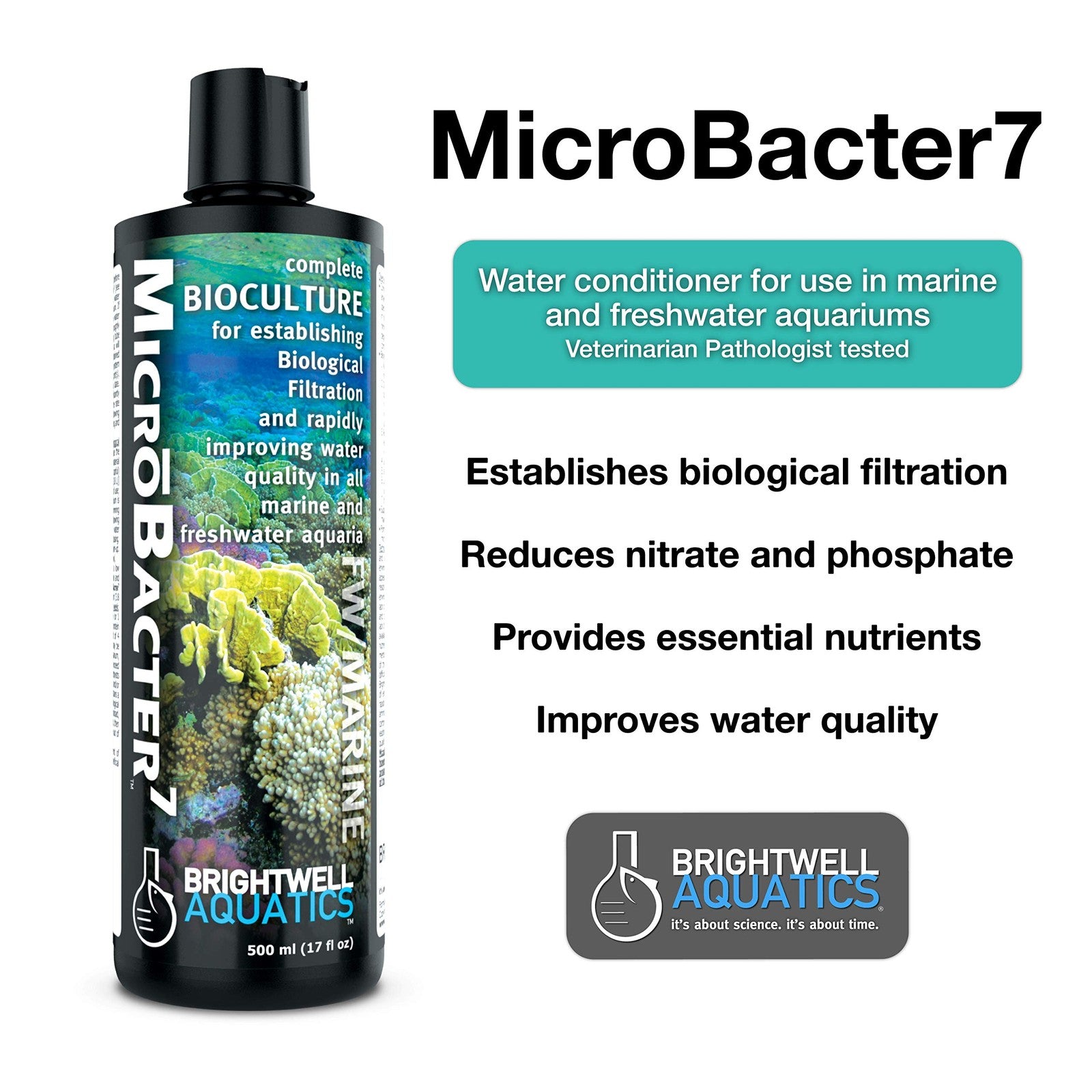 Brightwell Aquatics MicroBacter7 and MicroBacter Clean bottles with labels, showcasing bacteria supplements for aquarium water conditioning.