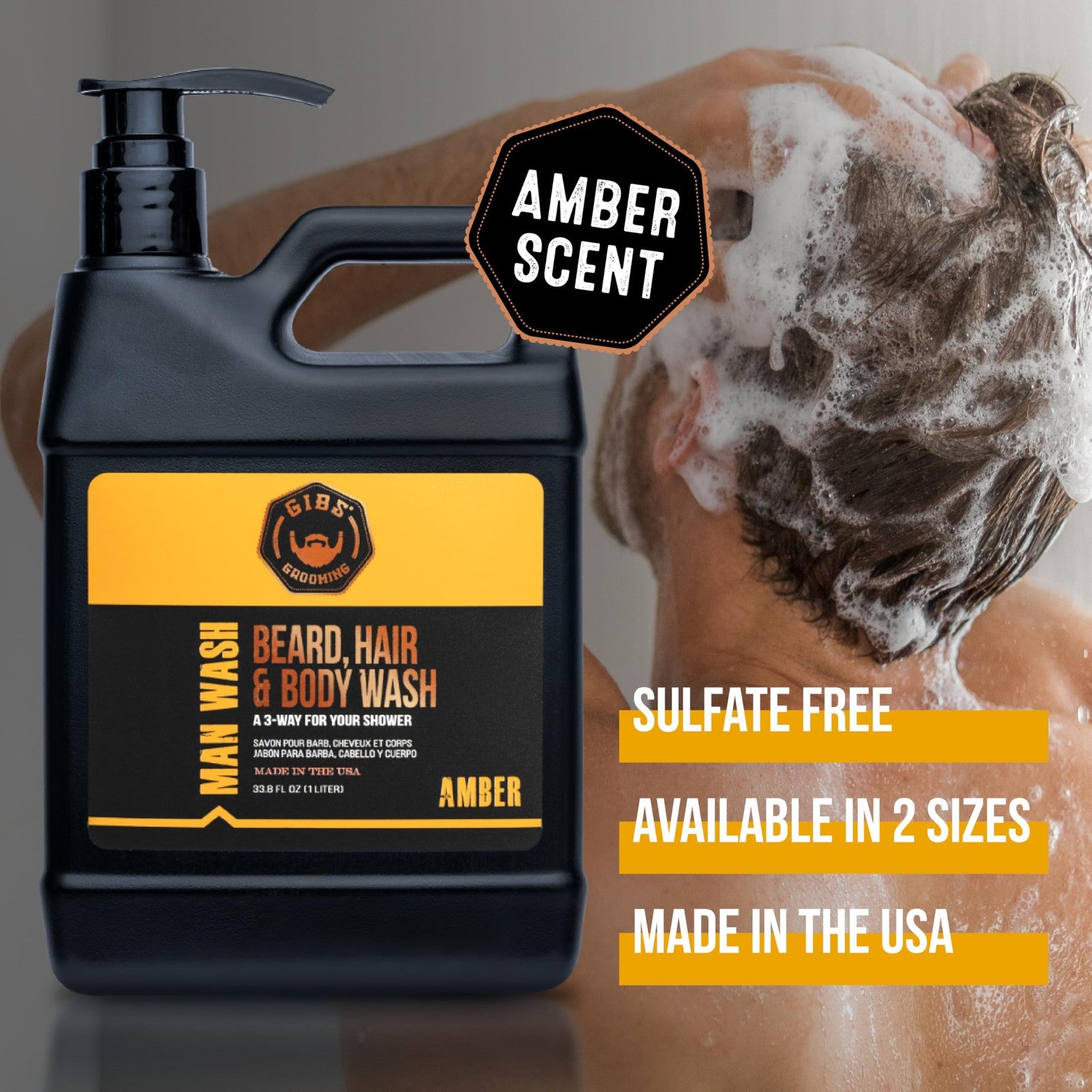GIBS Grooming Amber Man Wash 3-in-1 soap bottle for beard, hair, and body with citrus scent, 33.8 fl oz.