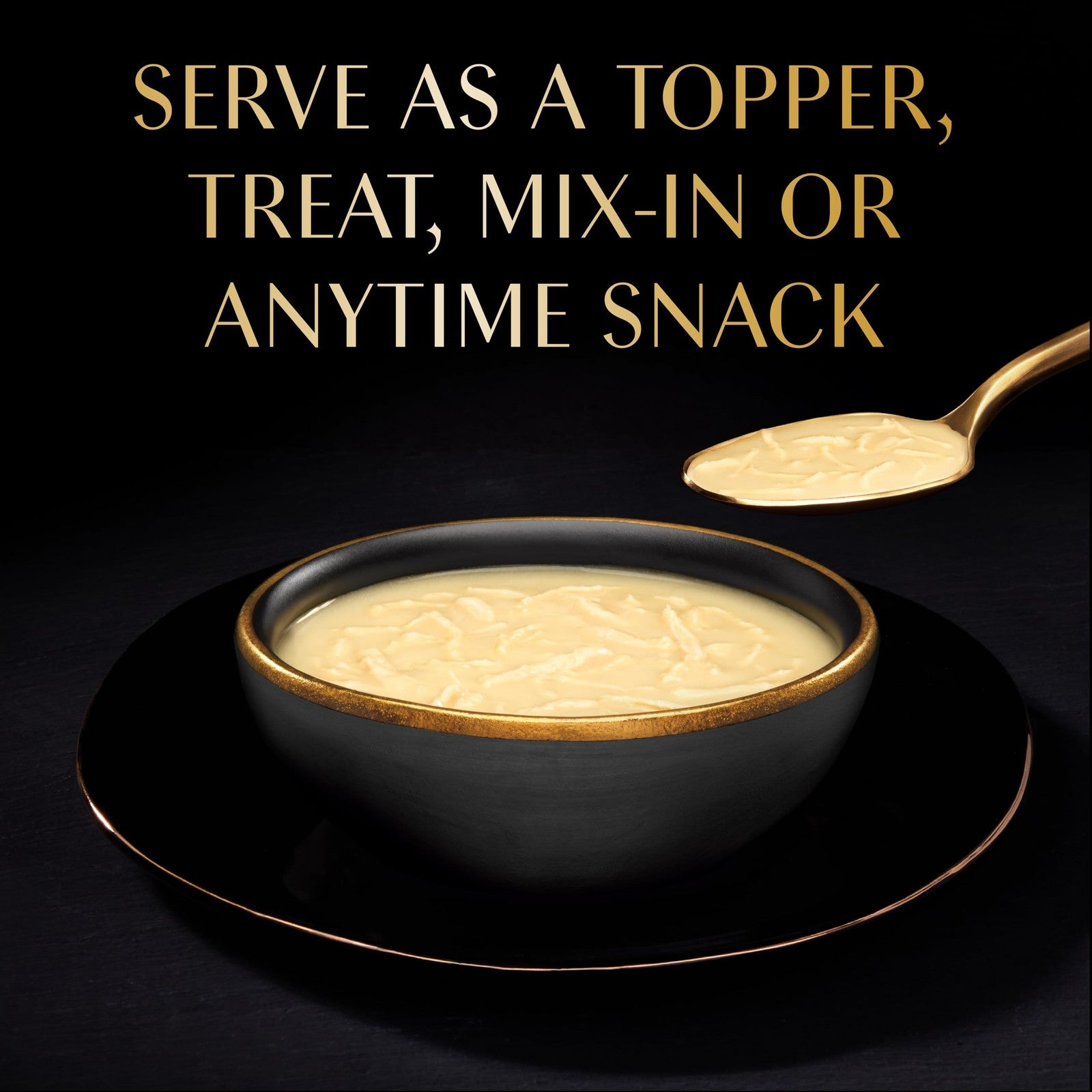 Sheba Bisque lickable cat treats and food toppers with chicken, tuna, and salmon flavors in a glass dish.