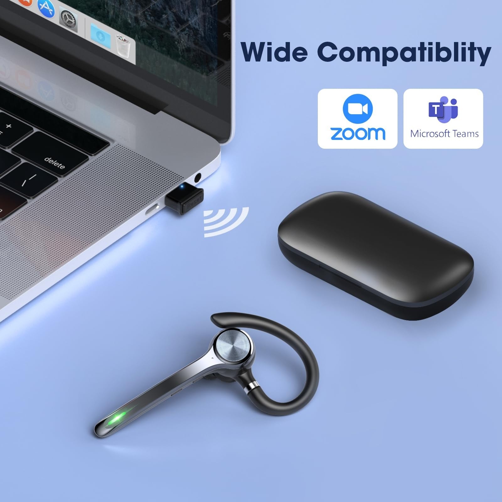 Wireless Ngsod Bluetooth headset with noise-canceling microphone and 72-hour talk time, featuring a 500mAh battery.