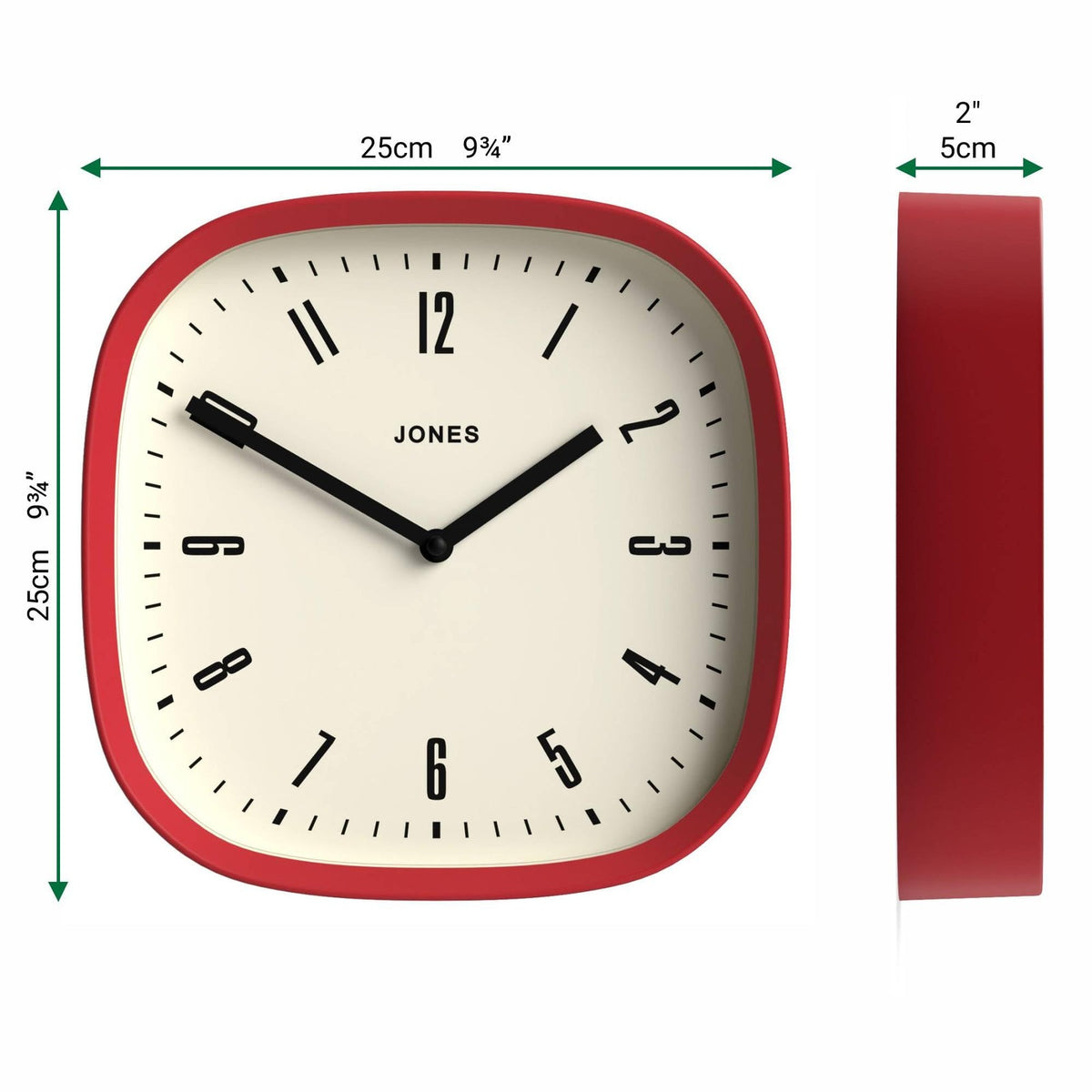 Jones Clocks Marvel wall clock, 10-inch modern retro rounded square design with colorful Marvel superhero artwork.
