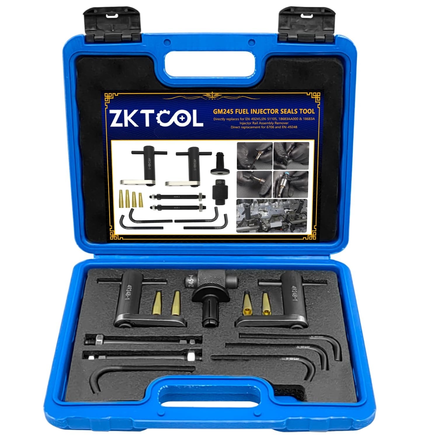 ZKTOOL GM245 fuel injector rail assembly remover tool with seals, showing the tool and injector components in a workshop setting.