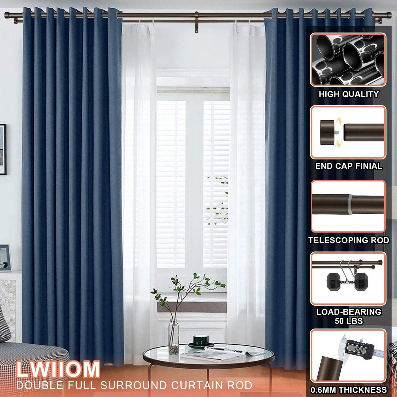 Lwiiom double curtain rods with adjustable 72-144" dark bronze aluminum brackets for dual curtains