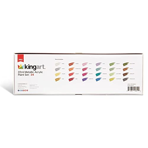 KINGART Metallic Acrylic Paint set with 24 colorful tubes, 0.74 oz each, arranged in a storage box showcasing vibrant metallic finishes.