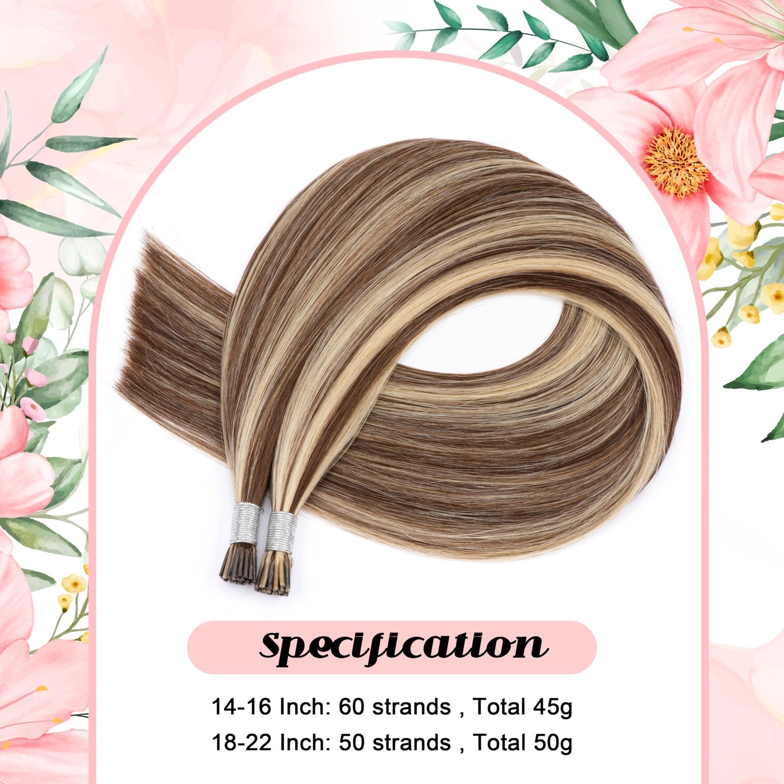 Blonde highlight KPVXXVE human hair I tip extension with brown hair and blonde highlights, showing the straight, glossy hair strands.