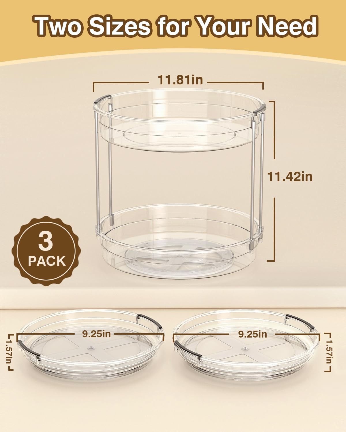 incostar 2-pack lazy Susan organizers with 9.25-inch and 11.81-inch two-tier turntables for kitchen storage and organization