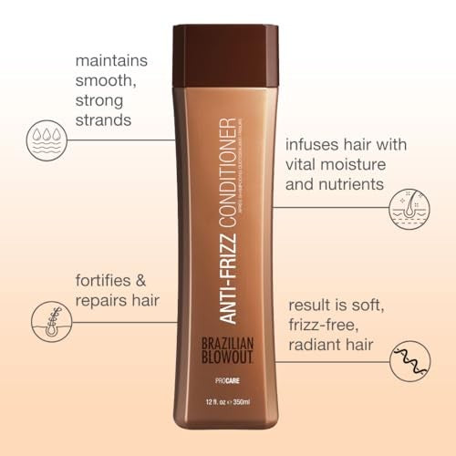 Brazilian Blowout Anti-Frizz Conditioner in 12 fl oz bottle, showing the sleek packaging and product label.