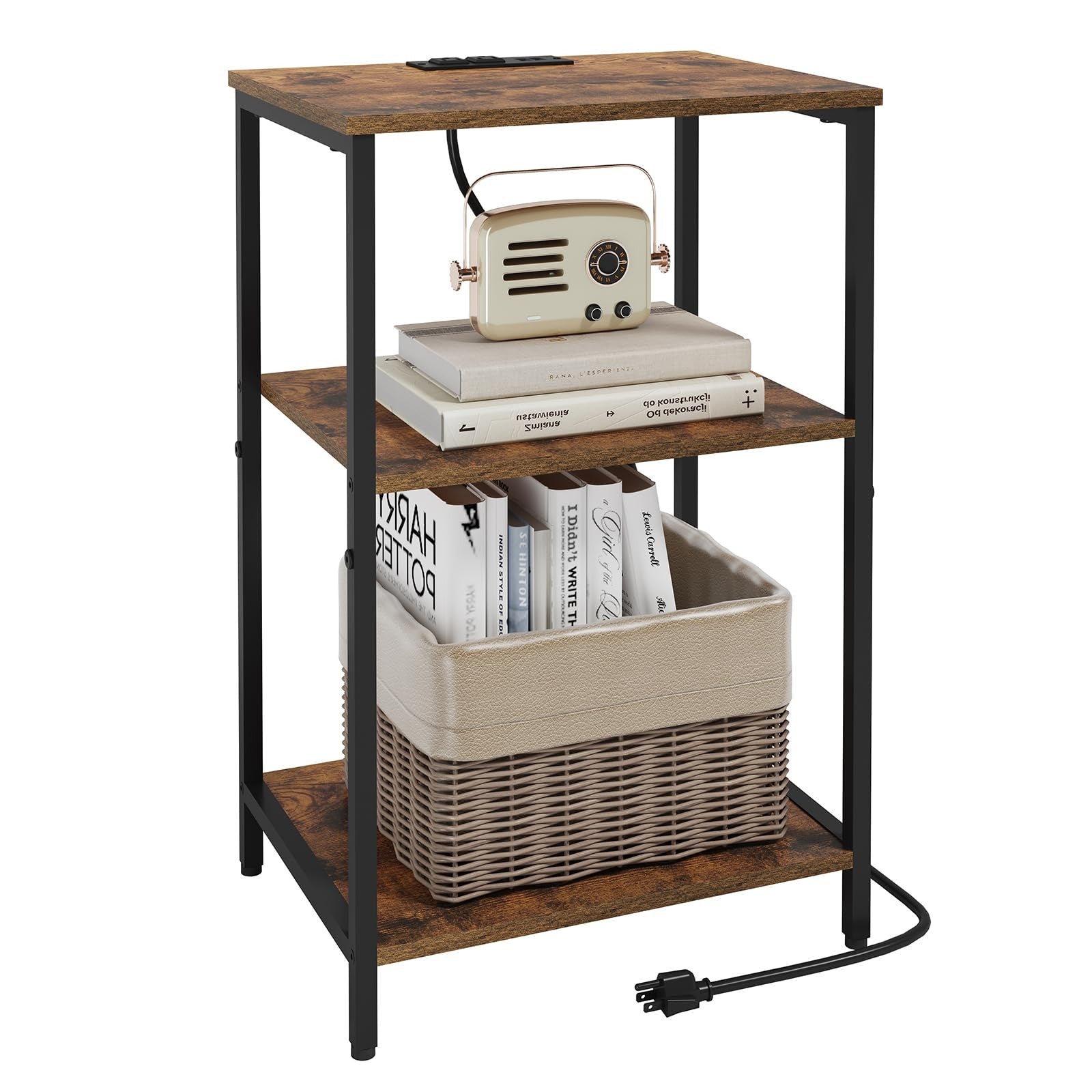 X-cosrack side table with charging station featuring USB ports and outlets, wooden end table with power and connectivity options.