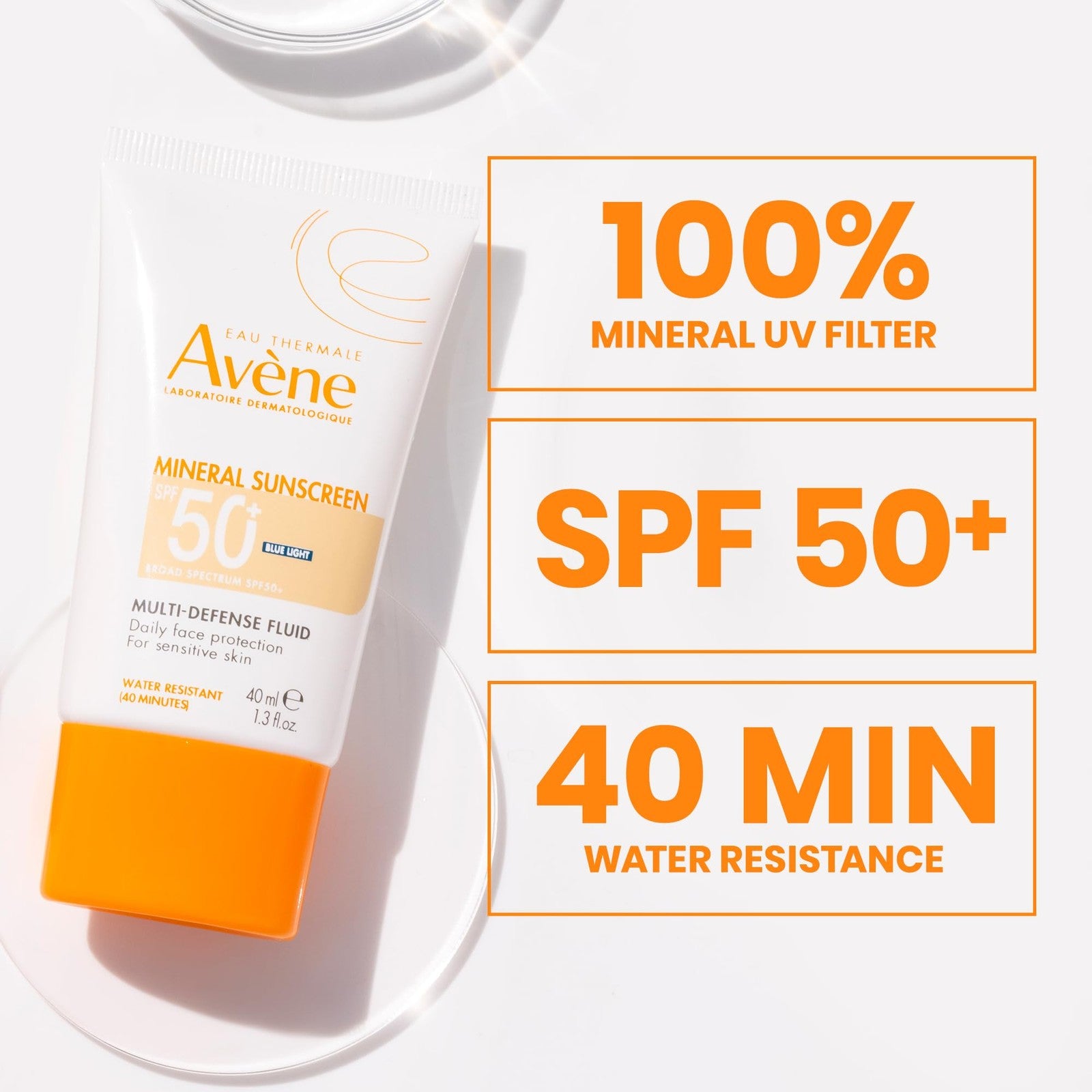 Avène Mineral Sunscreen Multi-Defense Fluid Tinted SPF 50+ in a sleek tube, showing the tinted formula and sun protection label.